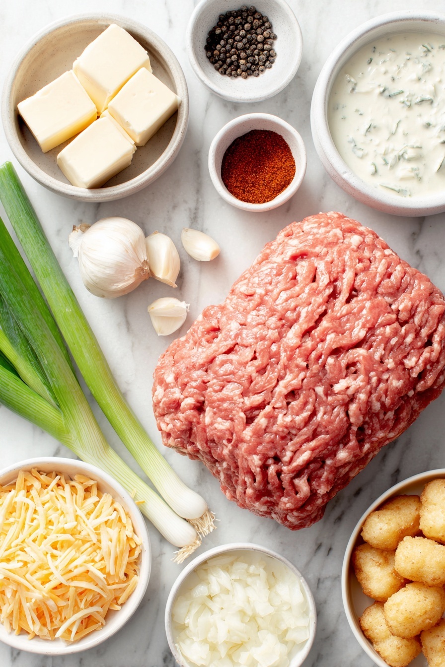 Flat lay of lean ground beef shaped into a neat mound, a small pat of salted butter, three fresh green onions whole with bright green stalks, one crisp green bell pepper diced, three peeled garlic cloves whole, a small white bowl of smoked paprika powder, a small white bowl of coarse salt, a small white bowl of black peppercorns, a small white bowl of sweet corn kernels, a small white bowl of black beans, a small white bowl of diced fresh tomatoes with green and red chili pieces (Rotel style), a small white bowl of full-fat sour cream, a small white bowl of whole milk, a small white bowl of low-sodium chicken broth, a pile of freshly shredded mozzarella cheese, a pile of freshly shredded cheddar cheese, and a neat layer of frozen tater tots arranged in a simple white ceramic dish, all placed on a clean white marble surface, soft natural light, photo taken with an iPhone, professional food photography style, fresh ingredients, white ceramic bowls, no bottles, no duplicates, no utensils, no packaging --ar 2:3 --v 7 --p m7354615311229779997 - Cowboy Tater Tot Casserole, easy tater tot casserole, best beef tater tot bake, cheesy tater tot casserole, hearty comfort food dinner