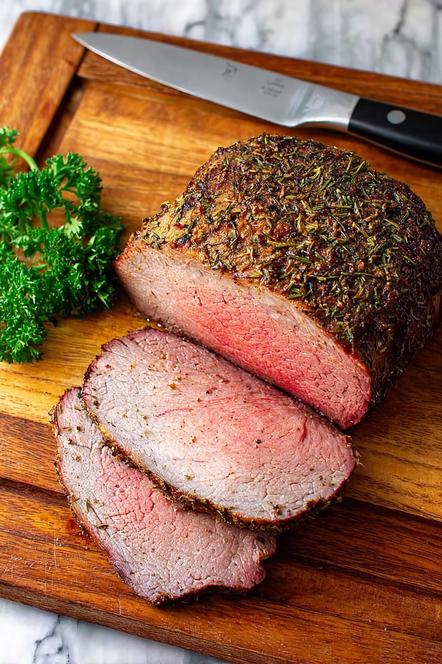 A thick piece of roast beef is on a wooden cutting board. The roast has a dark brown crust full of herbs and spices on top. Two slices of the beef lie in front, showing a pinkish-red inside with a gentle brown edge. A small bunch of green parsley is placed to the side of the meat. A sharp knife with a silver blade and black handle rests above the roast. The wooden board has a warm tone and lies on a white marbled surface. photo taken with an iphone --ar 2:3 --v 7 - Herb Rubbed Bottom Round Roast Beef, roasted beef with herb rub, flavorful bottom round roast, easy roast beef recipe, tender herb crusted beef