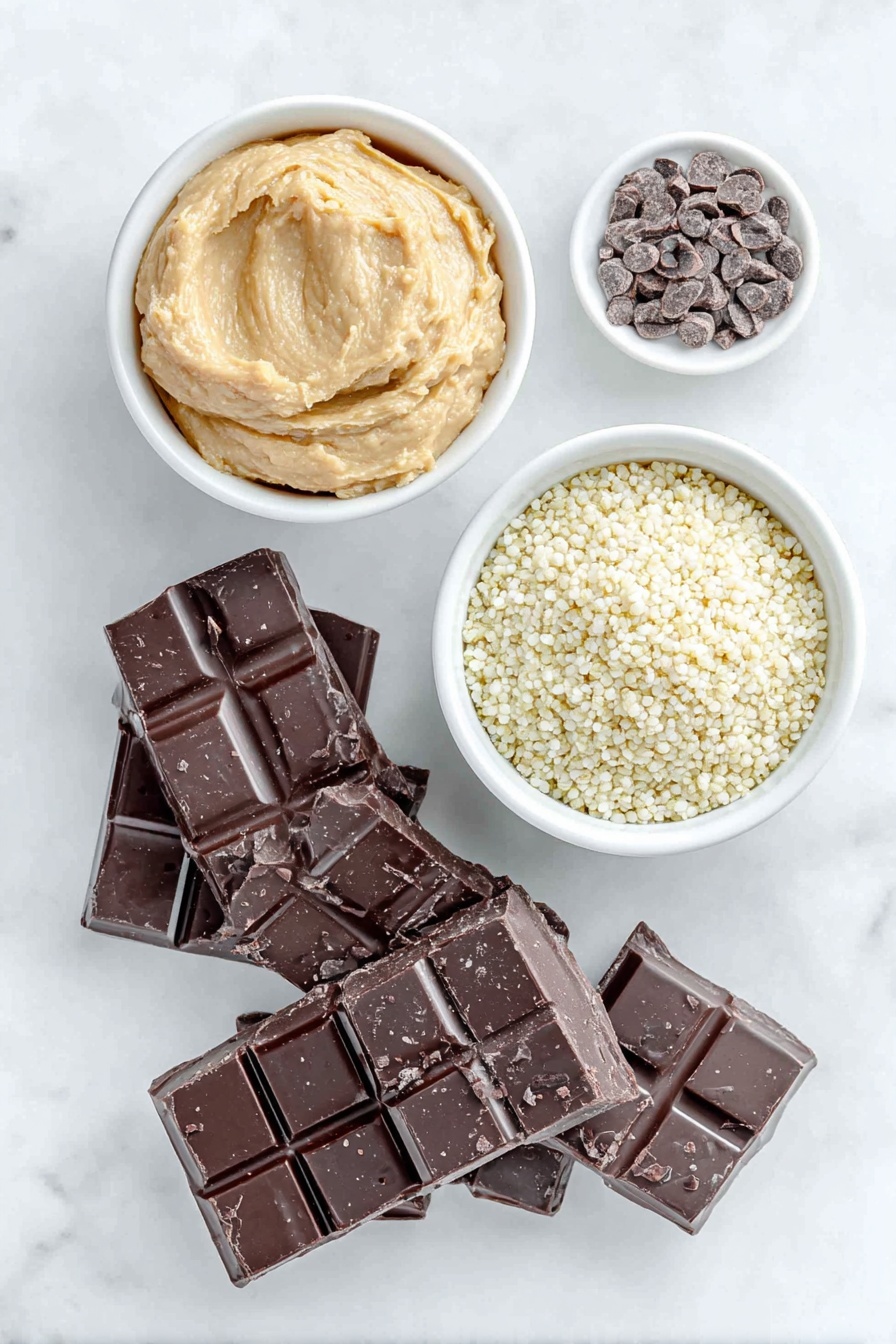 Flat lay of broken pieces of glossy dark chocolate, a smooth dollop of creamy cashew butter on a small white ceramic bowl, a small white ceramic bowl filled with light, airy popped quinoa, all arranged in perfect symmetry on a clean white marble surface, soft natural light, photo taken with an iPhone, professional food photography style, fresh ingredients, white ceramic bowls, no bottles, no duplicates, no utensils, no packaging --ar 2:3 --v 7 --p m7354615311229779997 - Chocolate Quinoa Bites, healthy chocolate snacks, quick vegan treats, no-bake quinoa desserts, easy chocolate energy bites