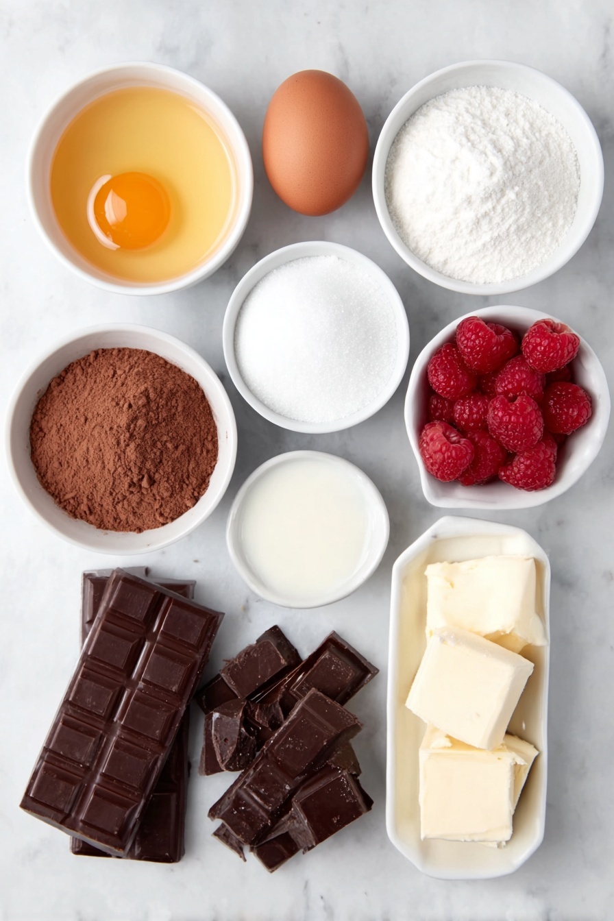 Flat lay of a small white ceramic bowl of golden melted unsalted butter, a small white ceramic bowl filled with packed light brown sugar, another small white ceramic bowl of fine granulated white sugar, one whole uncracked large brown egg, a small white ceramic bowl of fine sea salt, a small white ceramic bowl of amber pure vanilla extract, a small white ceramic bowl of rich dark brown natural cocoa powder, a small white ceramic bowl containing fine white all-purpose flour, small chunks of dark chocolate including one half bar of deep dark brown 80% chocolate arranged neatly, small pieces of chopped creamy light brown milk chocolate in a small white ceramic bowl, and a handful of plump fresh vibrant red raspberries, all ingredients evenly spaced and symmetrically arranged, placed on a clean white marble surface, soft natural light, photo taken with an iPhone, professional food photography style, fresh ingredients, white ceramic bowls, no bottles, no duplicates, no utensils, no packaging --ar 2:3 --v 7 --p m7354615311229779997 - Chocolate Raspberry Cookies, decadent chocolate raspberry cookies, easy chocolate raspberry cookie recipe, homemade raspberry chocolate cookies, best chocolate raspberry cookies