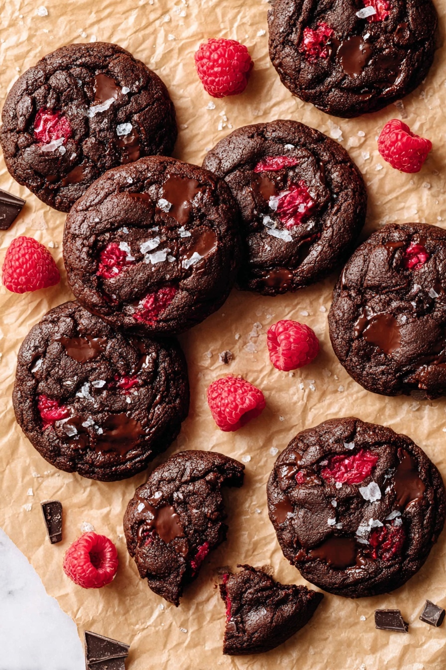 The image shows eight dark brown chocolate cookies placed on a crinkled piece of light brown parchment paper. Each cookie has glossy, melted dark chocolate chunks and small pieces of bright red raspberry embedded inside. Some cookies are whole, while one is broken into two pieces, revealing a soft and moist texture inside. Bright red raspberries and dark chocolate shards are scattered around the cookies. Small flakes of sea salt are sprinkled on top, adding a slightly shiny touch. The scene is set on a white marbled surface photo taken with an iphone --ar 2:3 --v 7 - Chocolate Raspberry Cookies, decadent chocolate raspberry cookies, easy chocolate raspberry cookie recipe, homemade raspberry chocolate cookies, best chocolate raspberry cookies