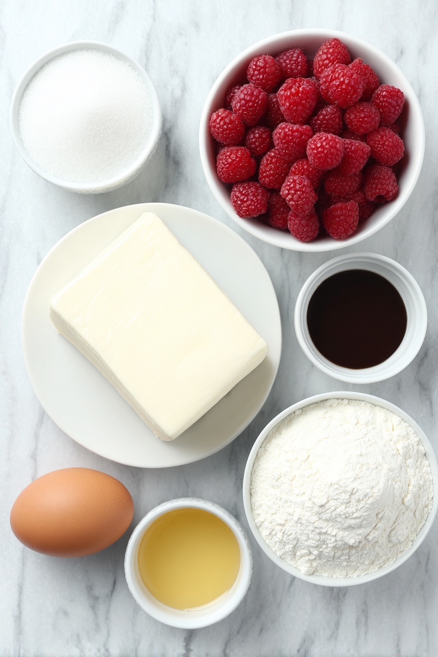 Flat lay of fresh raspberries scattered loosely, a small white ceramic bowl of granulated sugar, a whole large brown egg with a clean shell, a smooth block of cream cheese on a simple white ceramic plate, a small white ceramic bowl holding sifted Dutch-process cocoa powder, a small white ceramic bowl with all-purpose flour, a small white ceramic bowl filled with refined coconut oil, and a small white ceramic bowl containing golden vanilla extract, all arranged symmetrically with balanced spacing, placed on a clean white marble surface, soft natural light, photo taken with an iPhone, professional food photography style, fresh ingredients, white ceramic bowls, no bottles, no duplicates, no utensils, no packaging --ar 2:3 --v 7 --p m7354615311229779997 - Raspberry Cheesecake Brownies, raspberry cheesecake brownies, chocolate raspberry cheesecake, cheesecake brownies with raspberry, decadent raspberry brownie dessert