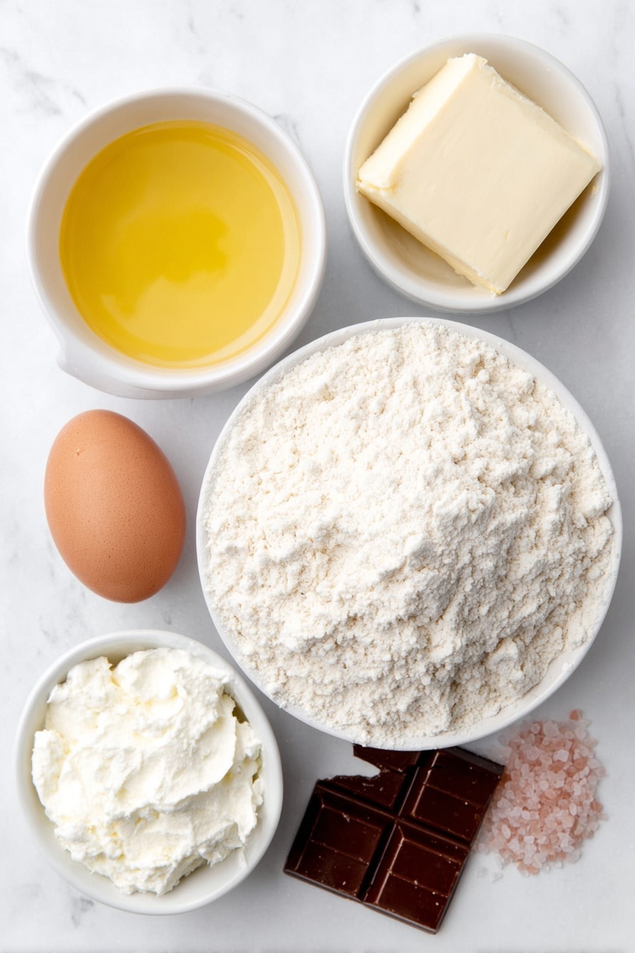 Flat lay of a small mound of pale pink strawberry cake mix powder, a small white ceramic bowl with melted golden butter, one large whole egg with a clean shell, a small white ceramic bowl with soft white cream cheese, a few loose pink granulated sugar crystals scattered gently nearby, and a neat cluster of smooth milk chocolate Hershey’s Kisses with shiny foil removed, all arranged symmetrically in perfect balance on a clean white marble surface, soft natural light, photo taken with an iPhone, professional food photography style, fresh ingredients, white ceramic bowls, no bottles, no duplicates, no utensils, no packaging --ar 2:3 --v 7 --p m7354615311229779997 - Strawberry Kiss Cookies with Cream Cheese, strawberry shortcake cookies, creamy strawberry cookies, no-bake strawberry cookies, easy strawberry cookie recipe