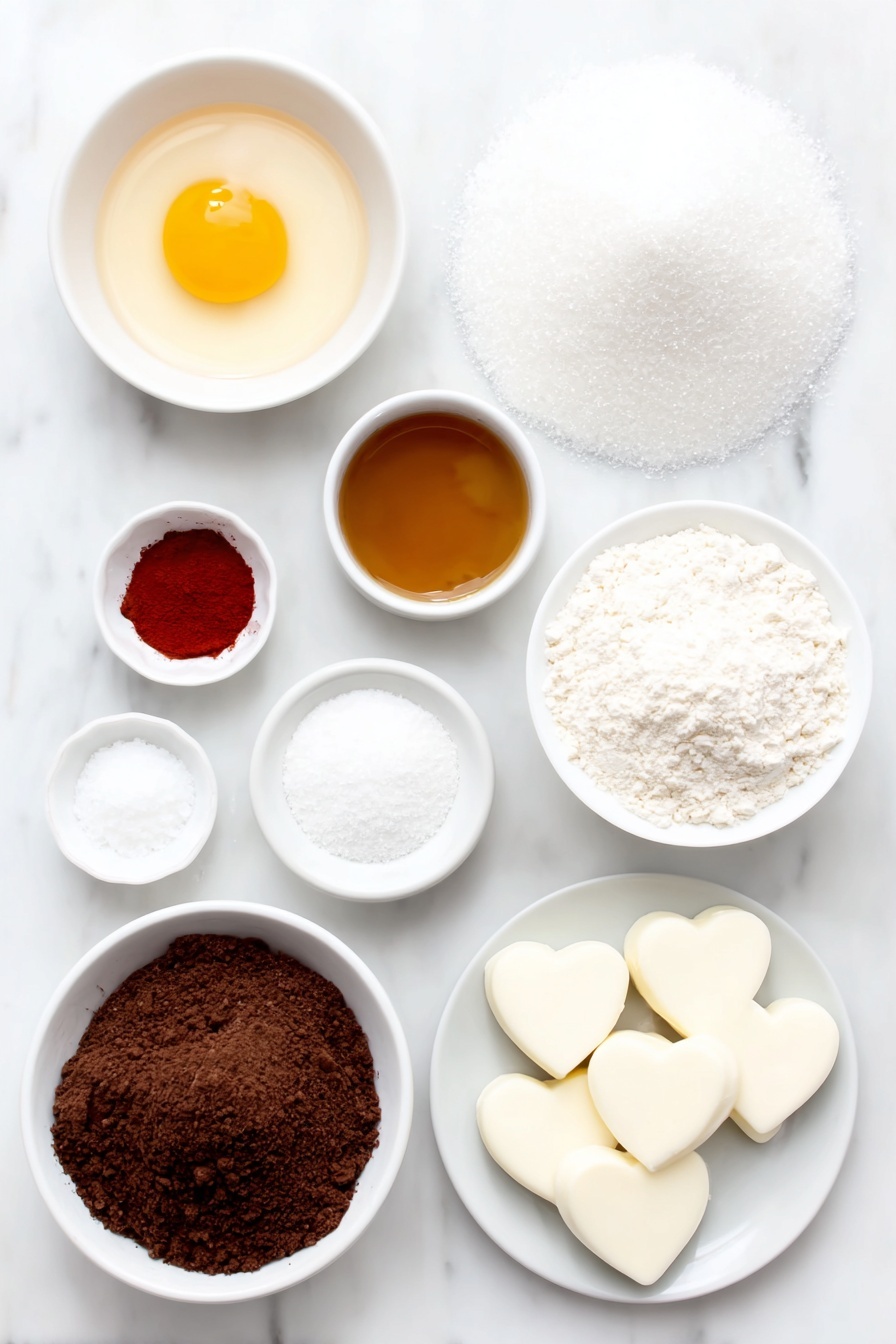 Flat lay of a small puddle of melted unsalted butter in a simple white ceramic bowl, a heap of granulated sugar on a white plate next to a separate small white bowl holding a single large whole egg yolk, a small white bowl with golden vanilla extract, a small white bowl with vibrant red gel food coloring, a neat pile of all-purpose flour on a white plate, a small white bowl filled with deep brown unsweetened cocoa powder, a tiny mound of fine white baking soda on a white plate, a pinch of fine salt on a separate small white dish, and six smooth white chocolate peanut butter hearts arranged neatly on a white plate, all placed on a clean white marble surface, soft natural light, photo taken with an iPhone, professional food photography style, fresh ingredients, white ceramic bowls, no bottles, no duplicates, no utensils, no packaging --ar 2:3 --v 7 --p m7354615311229779997 - Red Velvet Cookies with White Chocolate Hearts, festive red velvet cookies, easy holiday cookie recipes, soft and chewy red velvet cookies, white chocolate Valentine treats