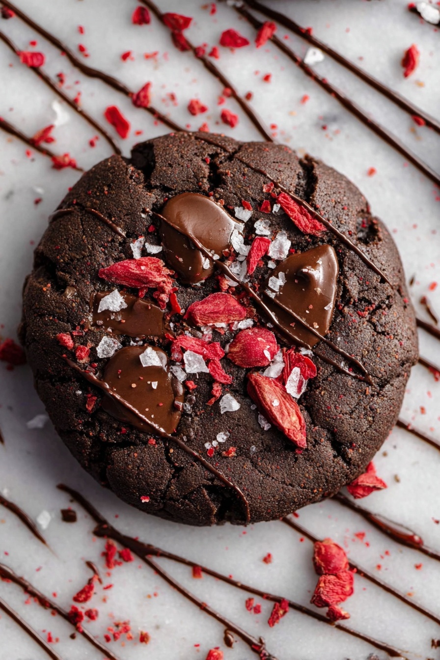 A close-up of a round dark brown chocolate cookie with a textured surface, studded with large shiny chocolate chunks and sprinkled with bright red fruit pieces. The cookie has thin streaks of drizzled dark chocolate over it and around it on a white marbled surface. Small white salt flakes are sprinkled on top, adding contrast to the dark cookie. The background and surface have scattered red crumbs and dark chocolate lines, creating a messy but appetizing look. photo taken with an iphone --ar 2:3 --v 7 - Chocolate Covered Strawberry Cookies, strawberry cookies with chocolate, easy chocolate strawberry cookies, homemade strawberry chocolate cookies, best strawberry cookie recipe