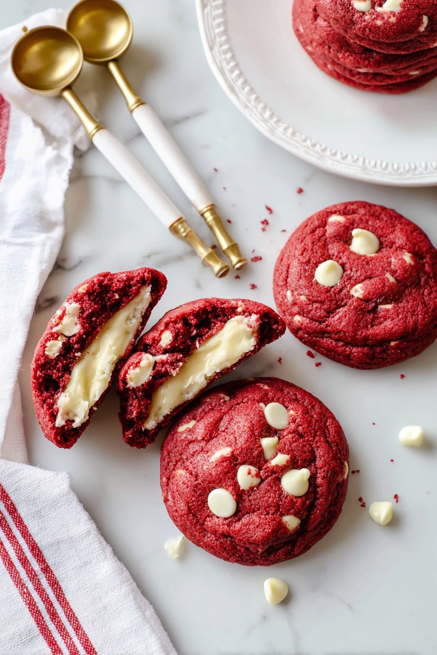 Three round red velvet cookies with white chocolate chips placed on a white marbled surface. Each cookie is thick with a soft texture, showing white chips scattered unevenly on the top layer. The cookies are arranged loosely with some space between them. Around the cookies are white ribbons with red stripes tied in simple bows, adding a festive touch. On the top left corner, part of a white plate with a textured edge is visible, and in the top right corner, some gold and white measuring spoons rest on the surface. photo taken with an iphone --ar 2:3 --v 7 - Cheesecake-Stuffed Red Velvet Cookies, Red Velvet Cheesecake Cookies, Red Velvet Cookies with Cheesecake Filling, Creamy Cheesecake Cookies, Red Velvet Dessert Recipes