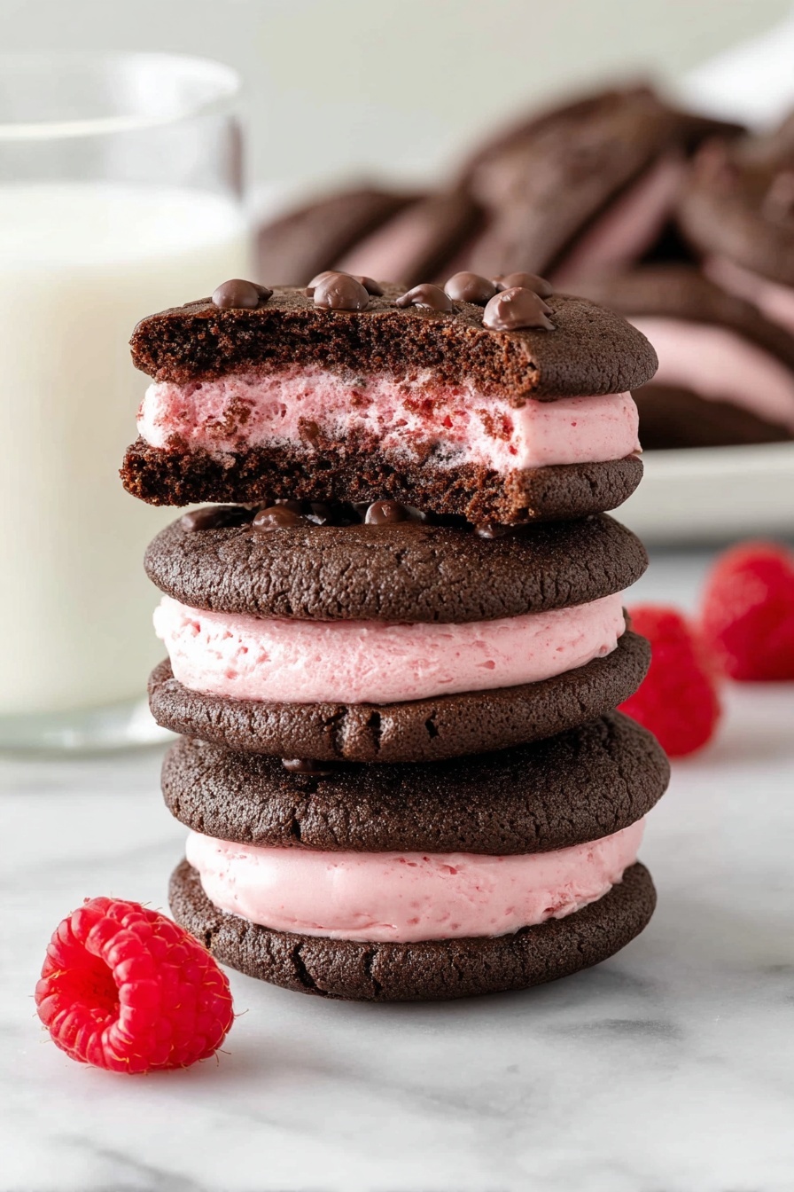 A stack of three chocolate sandwich cookies is shown on a white marbled surface. Each cookie has two dark brown, slightly textured chocolate layers with chocolate chips on the top. Between the layers is a thick, smooth pink cream filling that is evenly spread. The top cookie is bitten on one side, showing the soft pink filling and dark cookie inside. Two fresh red raspberries sit to the left near the cookie stack. In the background, a glass of milk and a white plate with more chocolate sandwich cookies are softly blurred. The lighting is bright and natural, emphasizing the rich colors and textures of the cookies. photo taken with an iphone --ar 2:3 --v 7 - Chocolate Raspberry Sandwich Cookies, chocolate raspberry cookies, raspberry cream cheese cookies, easy chocolate sandwich cookies, gourmet raspberry cookies
