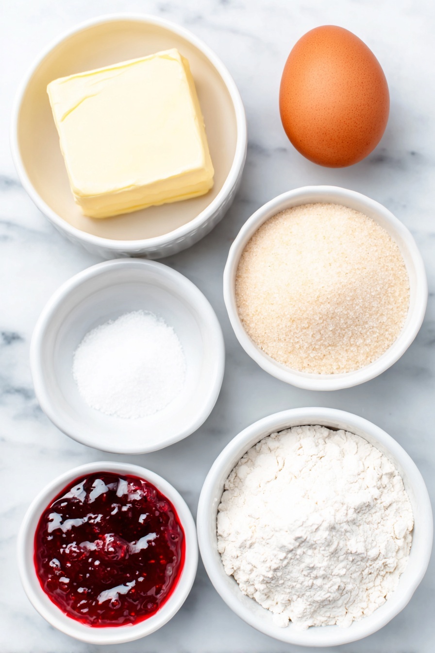 Flat lay of a small mound of soft yellow butter, a neat pile of lightly packed golden brown sugar, one whole uncracked brown egg with a smooth shell, a small white ceramic bowl filled with clear vanilla extract, a simple white ceramic bowl holding fine all-purpose flour, a tiny white ceramic bowl with fine white salt, a small white ceramic bowl containing vibrant red raspberry jam, all arranged symmetrically and balanced, placed on a clean white marble surface, soft natural light, photo taken with an iPhone, professional food photography style, fresh ingredients, white ceramic bowls, no bottles, no duplicates, no utensils, no packaging --ar 2:3 --v 7 --p m7354615311229779997 - Thumbprint Heart Cookies with Jam Filling, Valentine’s Day Cookie Ideas, Easy Jam Thumbprint Cookies, Heart-Shaped Cookie Recipes, Butter Cookies with Jam