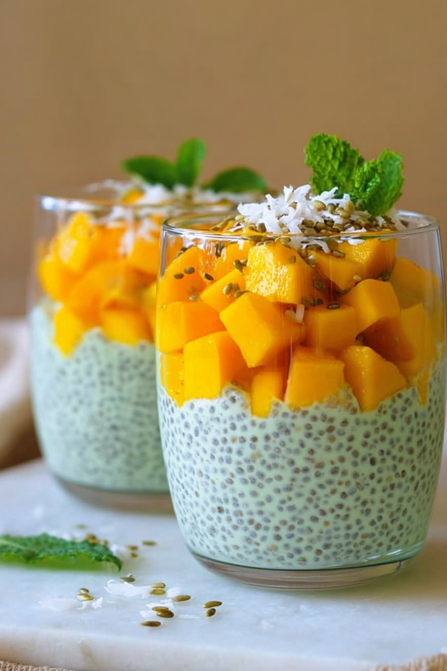 The image shows two clear glass cups filled with three layers. The bottom layer is a pale green creamy chia pudding with visible chia seeds. The middle layer consists of bright orange fresh mango cubes scattered throughout. The top layer has smaller mango pieces and is sprinkled with white coconut flakes and small seeds. A fresh green mint leaf decorates the top layer of each cup. The cups are placed on a white marbled surface with a blurred beige background. Photo taken with an iphone --ar 2:3 --v 7 - Vegan Matcha Mango Chia Pudding, healthy vegan breakfast, tropical chia pudding, plant-based dessert, easy vegan pudding