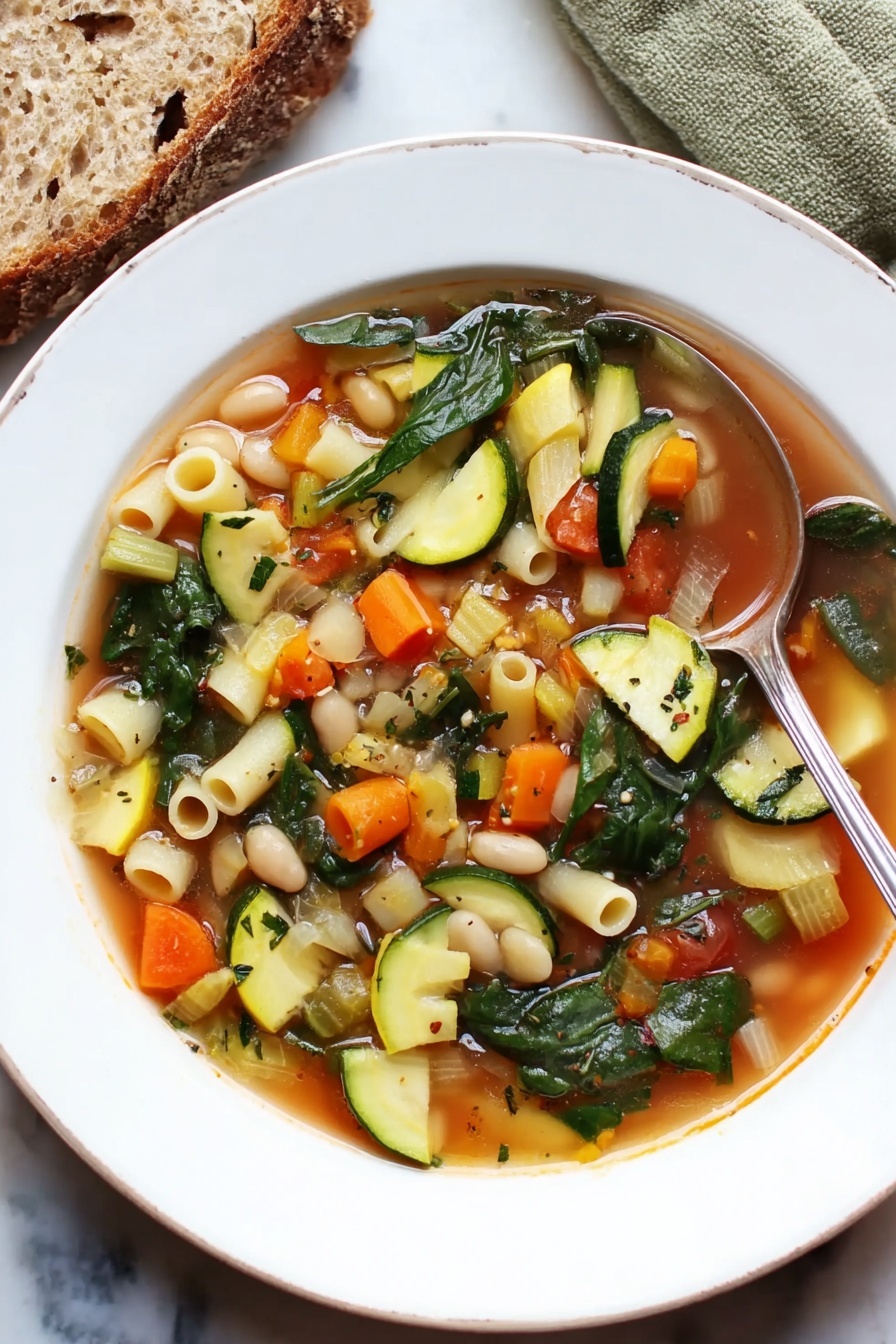 A white shallow bowl filled with a colorful vegetable soup, showing clear broth with small pasta tubes scattered throughout. The soup has layers of bright orange carrot chunks, light green and yellow zucchini slices, small white beans, and dark green spinach leaves floating on top. A silver spoon rests in the bowl's right side, partially submerged in the soup. To the left, a piece of bread with a rough texture sits on a white marbled surface. The overall look is fresh and warm. photo taken with an iphone --ar 2:3 --v 7 - Hearty Minestrone Soup with Fresh Vegetables, healthy vegetable soup, homemade minestrone recipe, easy veggie soup, cozy vegetable soup