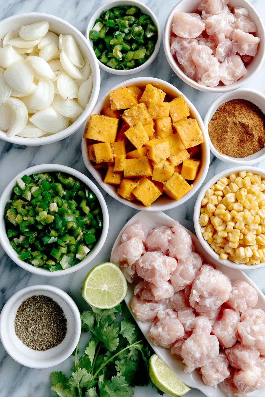 Flat lay of a few cloves of fresh garlic, one large white onion chopped, one green bell pepper diced very small, a small bunch of fresh cilantro sprigs, a small white ceramic bowl filled with diced mild green chiles, multiple bright orange cubes of butternut squash, a small white bowl containing ground cumin powder, a small white bowl with dried oregano, raw boneless skinless chicken thighs arranged neatly, a small white ceramic bowl with fresh yellow corn kernels, one small whole lime cut in half showing juicy interior, a small white bowl filled with coarse salt, and a small white bowl with freshly ground black pepper placed on a clean white marble surface, soft natural light, photo taken with an iPhone, professional food photography style, fresh ingredients, white ceramic bowls, no bottles, no duplicates, no utensils, no packaging --ar 2:3 --v 7 --p m7354615311229779997 - Butternut Squash Green Chile Chicken Soup, green chile chicken soup, healthy butternut squash soup, easy winter chicken soup, spicy autumn soup