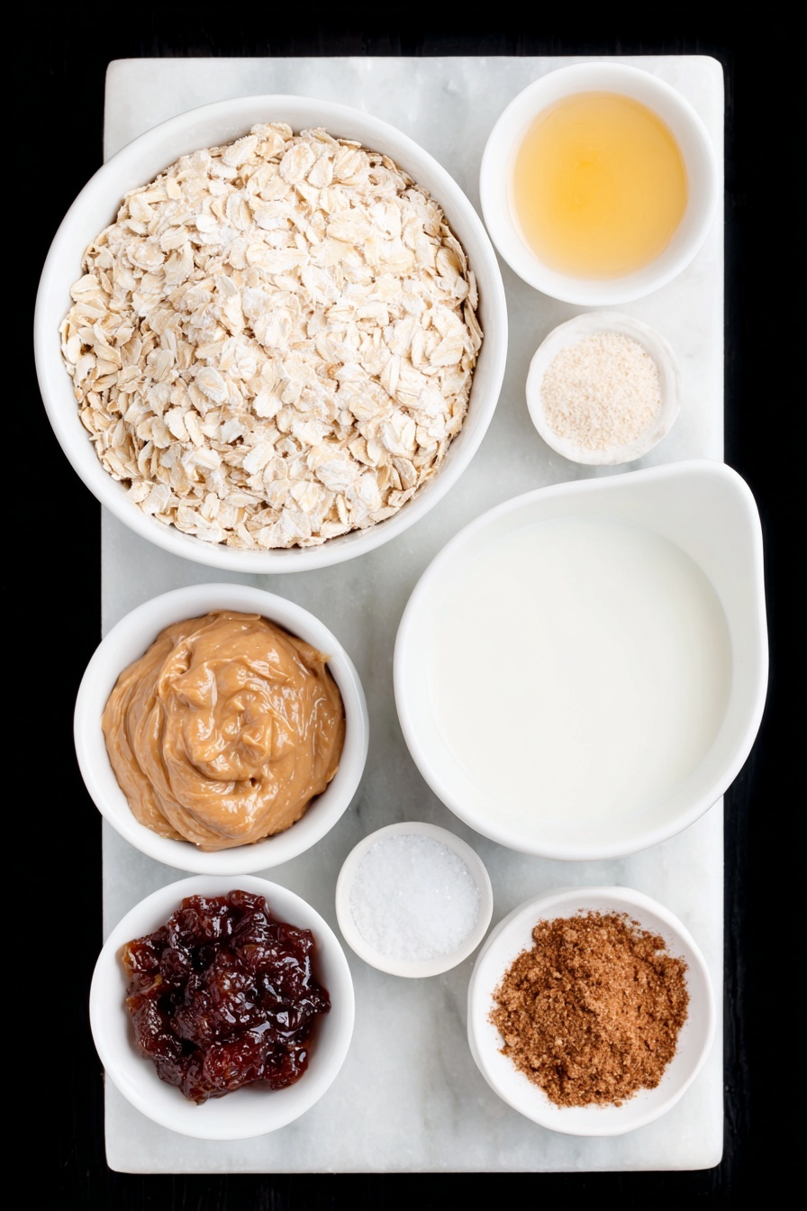 Flat lay of a small mound of rolled oats, a small white bowl of almond milk, a small white bowl of golden maple syrup, a small white bowl of smooth peanut butter, a small white bowl of vibrant red jelly, a small white bowl of ground cinnamon, a small white bowl of fine baking powder, a small white bowl of fine salt, and a small glass bottle of vanilla extract (excluded as liquid bottles are not allowed, so instead: a small white bowl representing vanilla liquid) placed on a clean white marble surface, soft natural light, photo taken with an iPhone, professional food photography style, fresh ingredients, white ceramic bowls, no bottles, no duplicates, no utensils, no packaging --ar 2:3 --v 7 --p m7354615311229779997 - Peanut Butter and Jelly Baked Oatmeal, peanut butter and jelly breakfast ideas, healthy baked oatmeal recipes, nostalgic breakfast with oats, easy brunch recipes