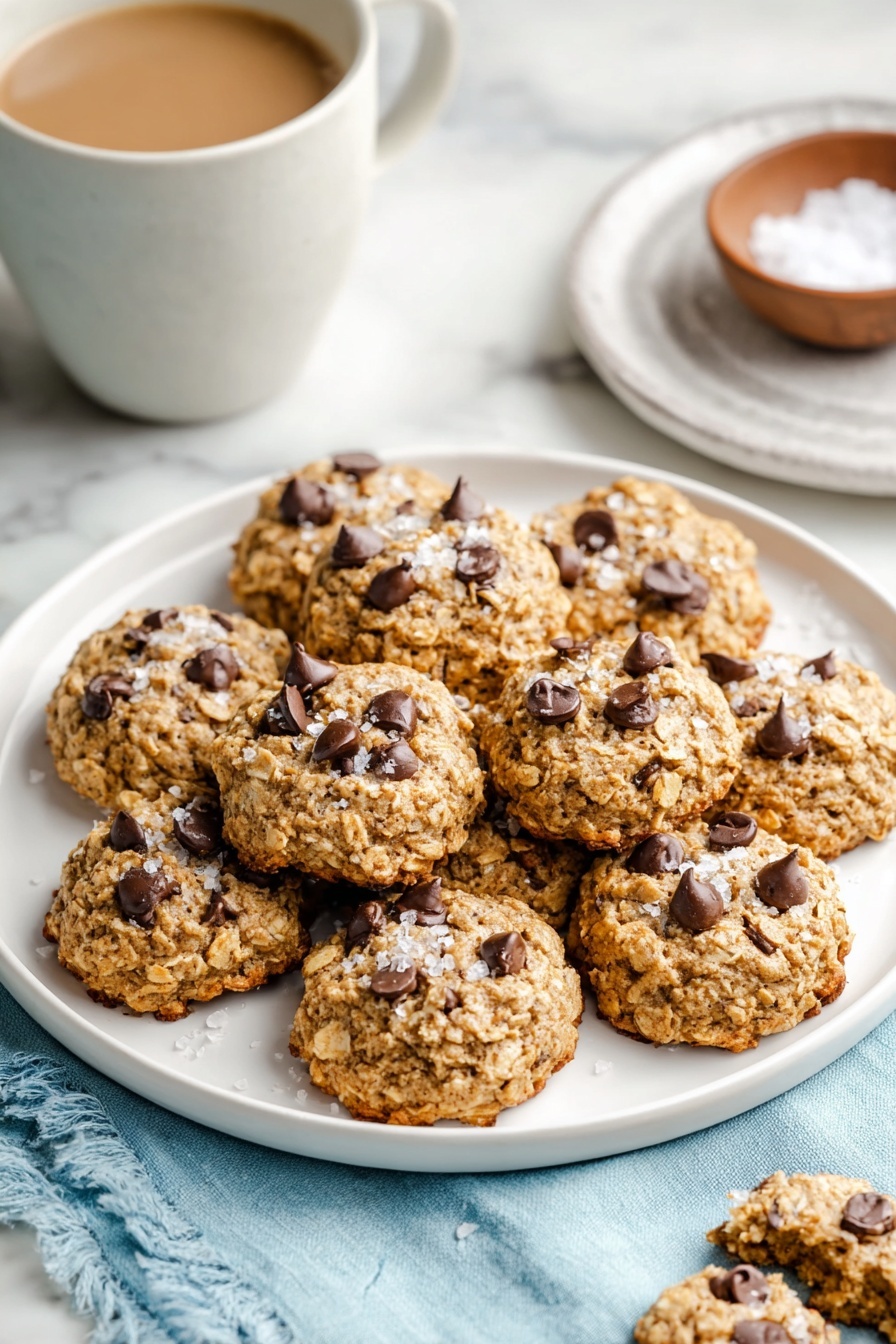 A white plate filled with about ten small, round oatmeal cookies that are light brown with a rough texture mixed with dark brown chocolate chips scattered on top. Some cookies show a sprinkling of flaky salt. In the background to the left, there is a white cup filled with light brown coffee and a small brown bowl with coarse salt. A white plate with a cookie with a bite taken from it is partially visible on the right side. The cookies and plate are placed on a light blue cloth over a white marbled surface. Photo taken with an iphone --ar 2:3 --v 7 - Healthy Banana Breakfast Cookies, nutritious morning cookies, easy healthy breakfast recipes, vegan breakfast cookies, quick banana cookies
