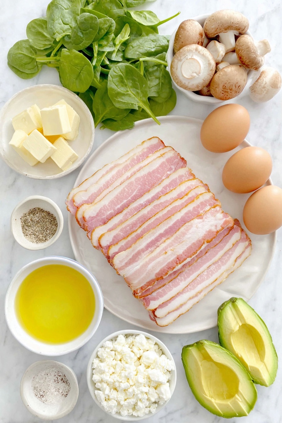 Flat lay of fresh uncooked bacon slices arranged in a loose stack, a small bunch of fresh baby bella mushrooms sliced, a small pile of vibrant organic spinach leaves, six large whole brown eggs with clean shells, a small white ceramic bowl filled with pale yellow olive oil, a single peeled garlic clove minced finely beside it, a small white ceramic bowl of pure unsweetened almond milk, a small white ceramic bowl holding creamy white feta cheese crumbles, a small white ceramic bowl with freshly ground black pepper and salt crystals, and a few slices of ripe avocado with bright green flesh fanned out on a simple white ceramic plate, all arranged in perfect symmetry, placed on a clean white marble surface, soft natural light, photo taken with an iPhone, professional food photography style, fresh ingredients, white ceramic bowls, no bottles, no duplicates, no utensils, no packaging --ar 2:3 --v 7 --p m7354615311229779997 - Mushroom Spinach Bacon Egg Cups, Breakfast Egg Cups with Vegetables and Bacon, Savory Egg Muffins, Healthy Breakfast Bites, Make-Ahead Breakfast Recipes