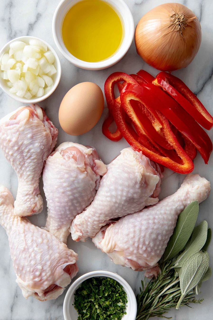 Flat lay of fresh bone-in, skin-on chicken legs and drumsticks arranged beside a whole uncracked brown egg, a medium yellow onion thinly sliced, a large red bell pepper sliced into strips, several peeled garlic cloves sliced, small white ceramic bowls containing extra-virgin olive oil, dry white wine, crushed whole peeled tomatoes with reserved juices, and sprigs of fresh rosemary and sage plus a bay leaf, alongside a small white ceramic bowl with minced flat-leaf parsley, all placed symmetrically on a clean white marble surface, soft natural light, photo taken with an iPhone, professional food photography style, fresh ingredients, white ceramic bowls, no bottles, no duplicates, no utensils, no packaging --ar 2:3 --v 7 --p m7354615311229779997 - Chicken Cacciatore with Red Peppers, Chicken Cacciatore, Italian chicken recipes, rustic chicken dinner, red pepper chicken