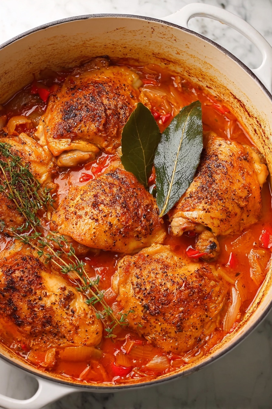 A white pot filled with five cooked chicken pieces partly covered by a rich orange-red sauce with bits of red peppers and onions visible. The chicken skin is browned and seasoned with black pepper, showing a textured surface. On top of the chicken, there is a sprig of fresh thyme and a large green bay leaf. The pot sits on a white marbled surface. photo taken with an iphone --ar 2:3 --v 7 - Chicken Cacciatore with Red Peppers, Chicken Cacciatore, Italian chicken recipes, rustic chicken dinner, red pepper chicken