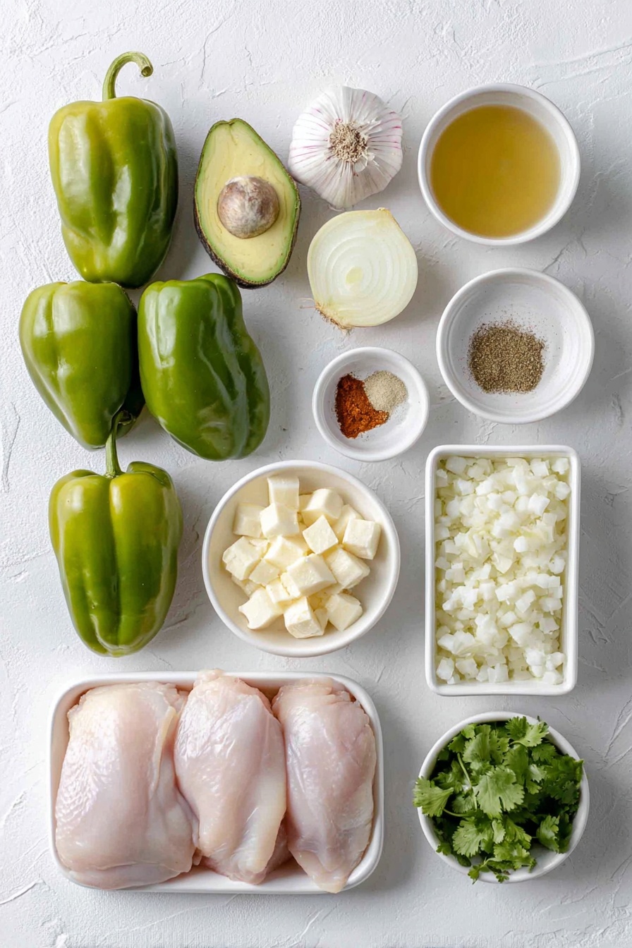 Flat lay of two fresh poblano peppers, two bright Anaheim peppers, six peeled green tomatillos, one thinly sliced yellow onion, two whole cloves of garlic with skin on, a small white ceramic bowl of vegetable oil, a small white ceramic bowl of golden chicken broth, two raw boneless skinless chicken breasts, a small white ceramic bowl of ground cumin, a small white ceramic bowl of dried oregano, a small white ceramic bowl of chili powder, a small white ceramic bowl of kosher salt, a small white ceramic bowl of drained and rinsed hominy, one whole lime, three sprigs of fresh cilantro, one ripe avocado cut into cubes, three thinly sliced radishes all arranged with perfect symmetry on a clean white marble surface, soft natural light, photo taken with an iPhone, professional food photography style, fresh ingredients, white ceramic bowls, no bottles, no duplicates, no utensils, no packaging --ar 2:3 --v 7 --p m7354615311229779997 - Slow Cooker Chicken Posole Verde, Chicken Posole Verde, Green Chicken Posole, Posole Verde recipe, Mexican chicken stew