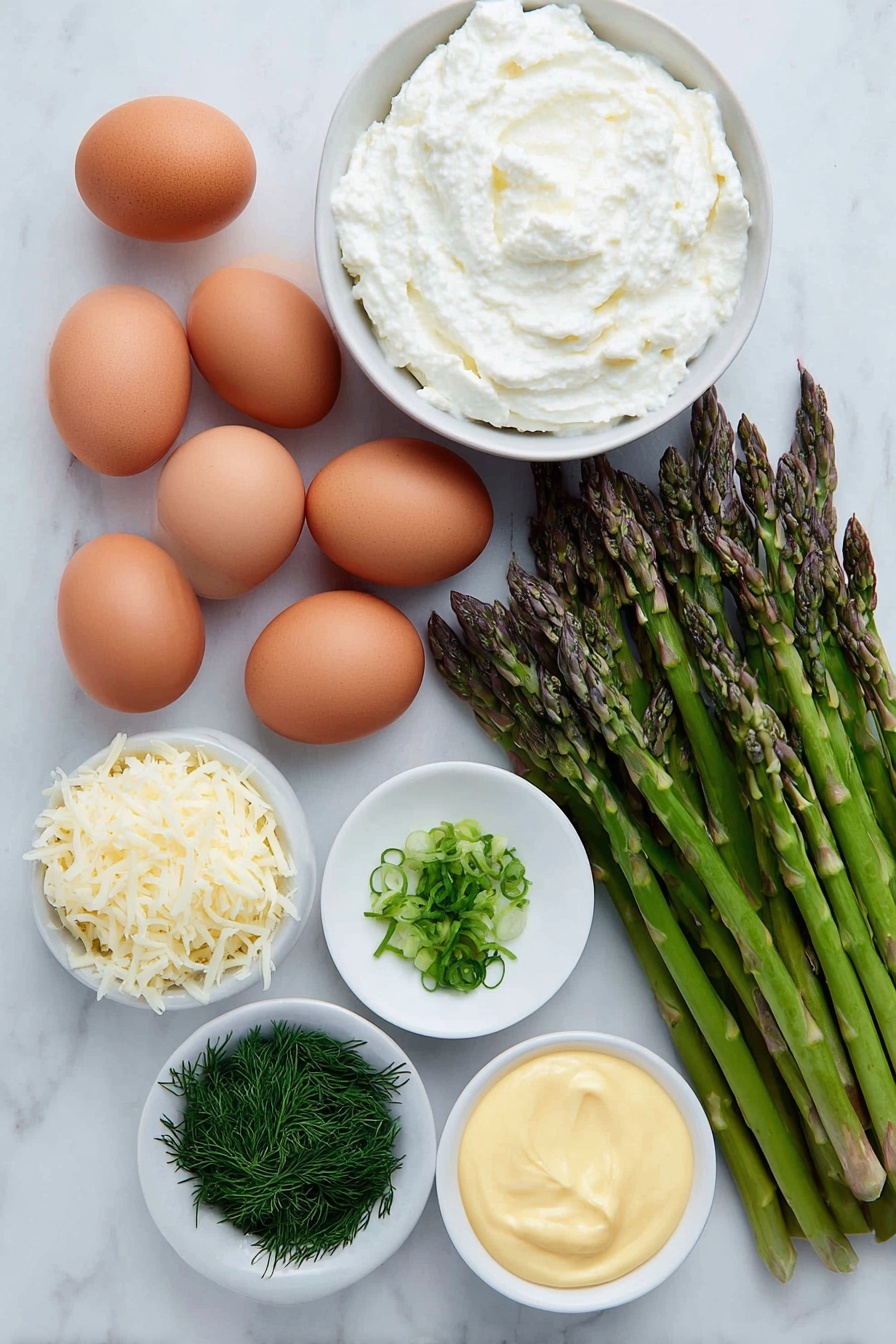 Flat lay of fresh baby asparagus spears arranged neatly, eight whole brown eggs with clean uncracked shells, a small white ceramic bowl holding creamy whole milk ricotta, another small white bowl containing whole milk, a small white bowl filled with finely grated Parmesan cheese, a small white bowl with thinly sliced bright green chives, a small white bowl with chopped fresh dill, and a small white bowl with smooth Dijon mustard placed symmetrically, all placed on a clean white marble surface, soft natural light, photo taken with an iPhone, professional food photography style, fresh ingredients, white ceramic bowls, no bottles, no duplicates, no utensils, no packaging --ar 2:3 --v 7 --p m7354615311229779997 - Asparagus Egg Frittata, asparagus frittata, brunch egg casserole, healthy egg breakfast, easy vegetable frittata