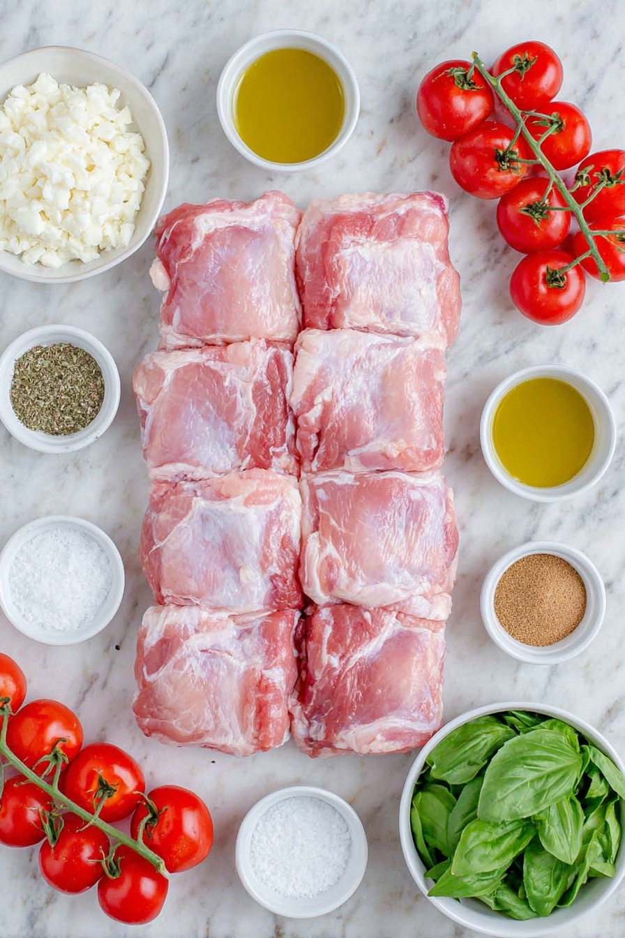 Flat lay of six raw skinless bone-in chicken thighs arranged neatly, a small white bowl of minced garlic, a small white bowl of dried oregano, a small white bowl of dried basil, a small white bowl of salt crystals, a small white bowl of cracked black pepper, a small white bowl of olive oil, a small white bowl of balsamic vinegar, a small white bowl of packed brown sugar, a cluster of whole fresh grape tomatoes, six slices of fresh mozzarella cheese, and a small white bowl filled with fresh chiffonade basil leaves, placed on a clean white marble surface, soft natural light, photo taken with an iPhone, professional food photography style, fresh ingredients, white ceramic bowls, no bottles, no duplicates, no utensils, no packaging --ar 2:3 --v 7 --p m7354615311229779997 - Balsamic Glazed Caprese Chicken, Caprese Chicken with Balsamic Glaze, Easy Caprese Chicken recipe, Chicken with mozzarella and basil, Quick dinner ideas with balsamic