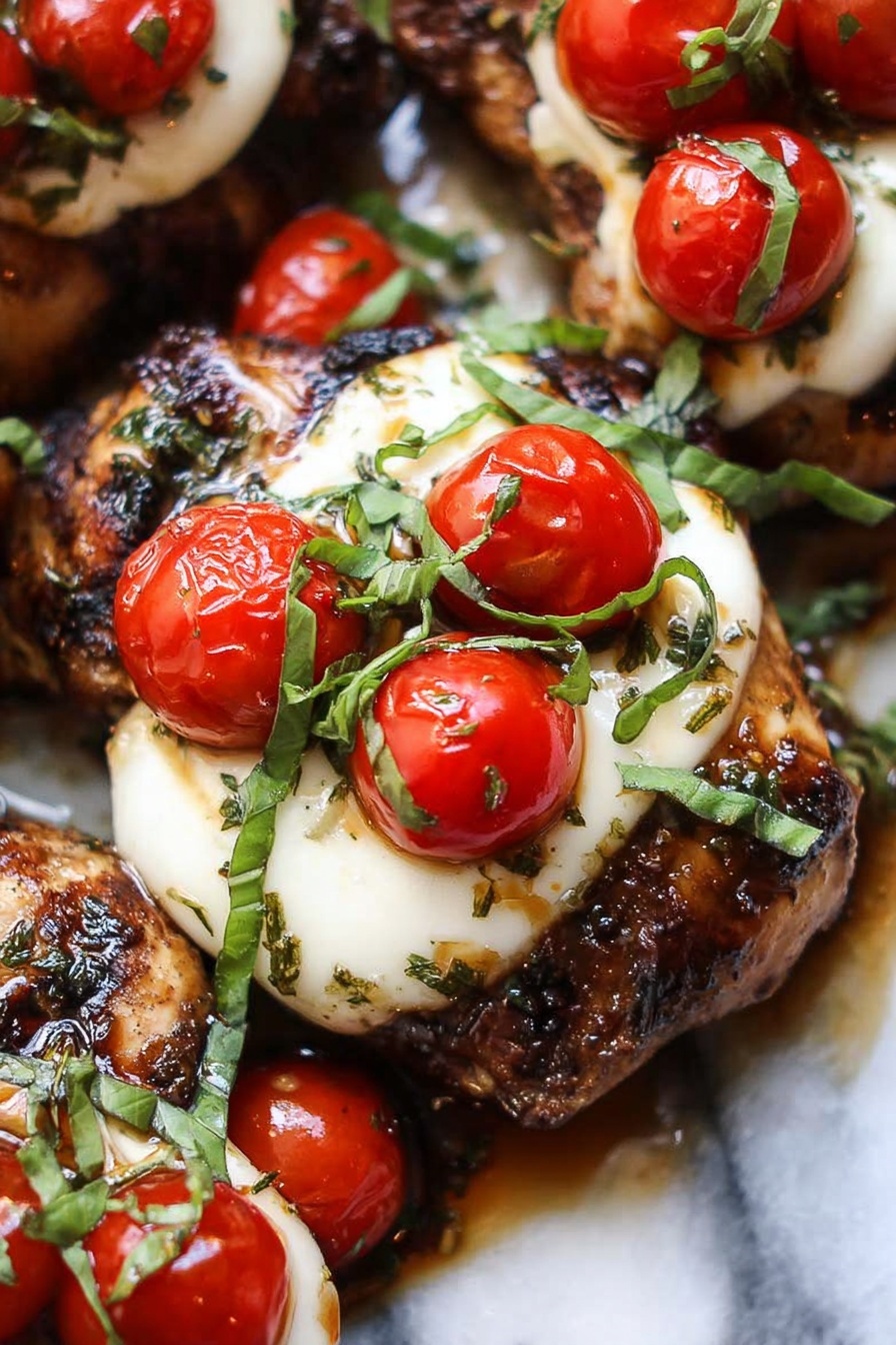 The image shows grilled chicken pieces topped with smooth, white melted cheese. Each chicken piece is dark brown with grill marks and herbs visible on the surface. On top of the cheese layer, there are halved cherry tomatoes that are bright red and glossy. Thin strips of fresh green basil leaves are scattered over the tomatoes, adding a fresh touch. There is a shiny glaze or sauce around the chicken, making the dish look moist. The background is a white marbled surface. photo taken with an iphone --ar 2:3 --v 7 - Balsamic Glazed Caprese Chicken, Caprese Chicken with Balsamic Glaze, Easy Caprese Chicken recipe, Chicken with mozzarella and basil, Quick dinner ideas with balsamic