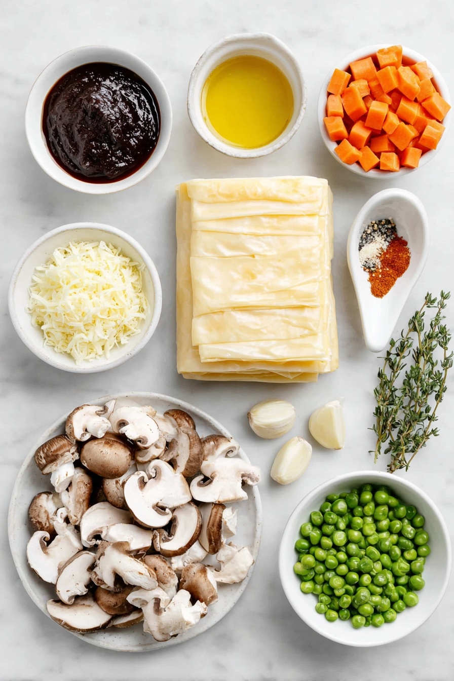 Flat lay of a single sheet of thawed puff pastry neatly folded on a simple white ceramic plate, a small white bowl filled with golden olive oil, a yellow onion finely diced on a white ceramic dish, fresh quartered cremini mushrooms arranged next to roughly chopped oyster mushrooms on a plain white ceramic platter, a small pile of diced bright orange carrots on a separate white dish, a dollop of deep red tomato paste on a white spoon-shaped ceramic dish, several peeled cloves of garlic scattered on a small white ceramic plate, fresh green thyme sprigs carefully placed beside a white bowl with a fine dusting of paprika powder, a small white bowl containing freshly ground black pepper, a few small gold potatoes diced on a white flat dish, a small white bowl of soaked raw cashews, a white ceramic bowl filled with clear vegetable broth, a small white bowl of frozen bright green peas, and a white ramekin of creamy non-dairy milk arranged in perfect symmetry, all ingredients fresh and natural, placed on a clean white marble surface, soft natural light, photo taken with an iPhone, professional food photography style, fresh ingredients, white ceramic bowls, no bottles, no duplicates, no utensils, no packaging --ar 2:3 --v 7 --p m7354615311229779997 - Mushroom Puff Pastry Pot Pie, vegetarian puff pastry pie, savory mushroom pie, easy mushroom pot pie, flaky puff pastry dish