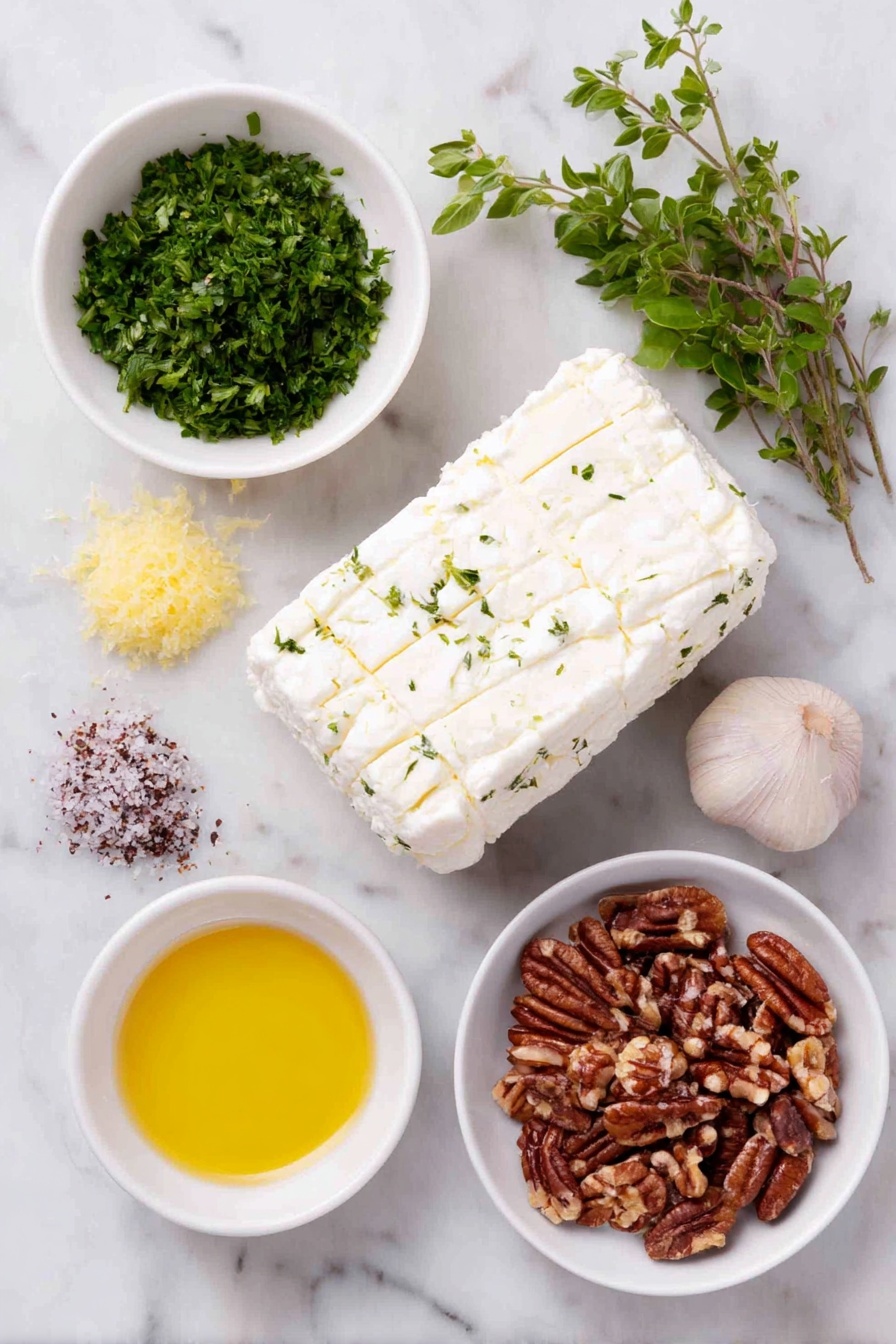 Flat lay of a whole soft fresh goat cheese log, a small bunch of finely chopped fresh chives, a few sprigs of finely chopped fresh parsley, a few fresh basil leaves, some fresh oregano leaves, one whole uncracked garlic clove, a small pile of lemon zest, a small pinch of salt, a small pinch of freshly cracked black pepper, a small pile of finely chopped pecans, a small white ceramic bowl with a drizzle of olive oil, all ingredients arranged in perfect symmetry on a clean white marble surface, soft natural light, photo taken with an iPhone, professional food photography style, fresh ingredients, white ceramic bowls, no bottles, no duplicates, no utensils, no packaging --ar 2:3 --v 7 --p m7354615311229779997 - Herb Garlic Cheese Log with Pecan Coating, Cheese Log Appetizer, Garlic Herb Cheese Ball, Pecan Coated Cheese Spread, party cheese appetizer