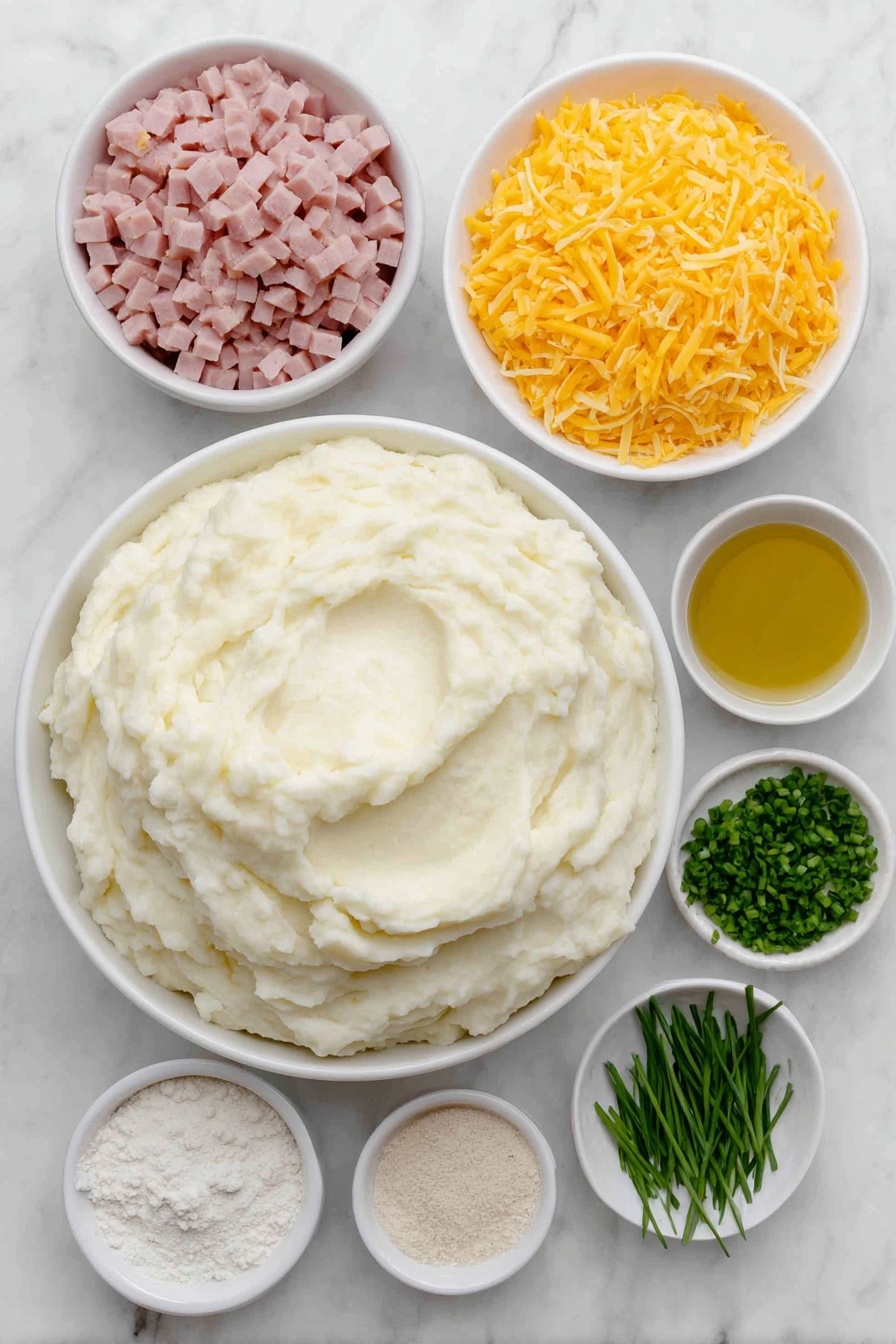 Flat lay of a large white ceramic bowl filled with smooth, creamy leftover mashed potatoes, a small white ceramic bowl of finely diced pink ham, a small white ceramic bowl heaped with bright orange shredded cheddar cheese, a small white ceramic bowl holding thinly sliced fresh green chives, a small white ceramic bowl containing pale beige garlic powder, a small white ceramic bowl with fine white all-purpose flour, and a small white ceramic bowl filled with golden vegetable oil, all perfectly arranged in balanced symmetry, placed on a clean white marble surface, soft natural light, photo taken with an iPhone, professional food photography style, fresh ingredients, white ceramic bowls, no bottles, no duplicates, no utensils, no packaging --ar 2:3 --v 7 --p m7354615311229779997 - Ham and Cheese Potato Croquettes, cheesy ham croquettes, crispy potato snacks, easy appetizer ideas, leftover mashed potato recipes