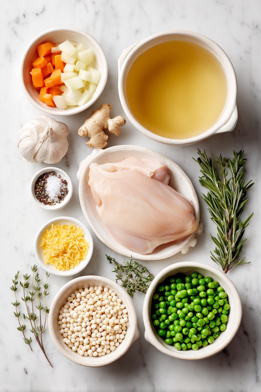 Flat lay of a small white ceramic bowl with golden avocado oil, six peeled garlic cloves, one whole yellow onion diced, two large carrots thinly sliced, two celery stalks roughly chopped, a small white bowl with freshly grated bright yellow turmeric, a small white bowl with freshly grated pale beige ginger, a simple white ceramic bowl filled with clear chicken broth, one raw boneless skinless chicken breast, a few sprigs of fresh green rosemary, a few sprigs of fresh thyme with stems removed, a small white bowl with coarse salt, a small white bowl of freshly ground black pepper, one small white bowl heaped with pearl couscous, and a small white bowl with a handful of plump fresh green peas, placed on a clean white marble surface, soft natural light, photo taken with an iPhone, professional food photography style, fresh ingredients, white ceramic bowls, no bottles, no duplicates, no utensils, no packaging --ar 2:3 --v 7 --p m7354615311229779997 - Healing Chicken and Couscous Soup, nourishing chicken soup, comforting chicken soup recipe, healthy chicken and couscous soup, immune-boosting chicken soup