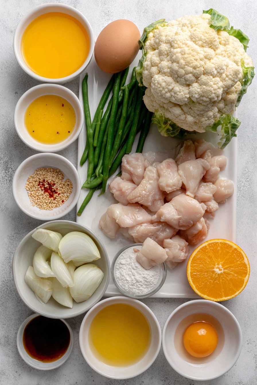 Flat lay of a fresh whole head of cauliflower with separated florets, a small pile of raw bite-sized chicken breast pieces, a halved white onion with chunks visible, three whole garlic cloves, one large red bell pepper sliced into thin strips, fresh green beans trimmed and cut, a small handful of raw cashews, one whole clean uncracked brown egg, a thinly sliced large orange with visible zest, a few fresh green onion stalks, a small mound of toasted sesame seeds, small white ceramic bowls containing golden coconut oil, bright orange freshly squeezed orange juice, amber honey, dark gluten-free soy sauce, finely grated fresh ginger, white cornstarch powder, and red pepper flakes, all arranged symmetrically on a clean white ceramic plate and white ceramic bowls, placed on a clean white marble surface, soft natural light, photo taken with an iPhone, professional food photography style, fresh ingredients, white ceramic bowls, no bottles, no duplicates, no utensils, no packaging --ar 2:3 --v 7 --p m7354615311229779997 - Healthy Orange Chicken Stir Fry with Cauliflower Rice, healthy stir fry recipes, low-carb orange chicken, quick healthy dinner ideas, colorful vegetable stir fry
