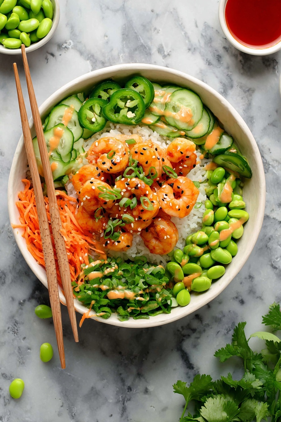 A white bowl on a white marbled surface holds a colorful shrimp rice bowl. The bottom layer is white rice, topped with bright orange cooked shrimp glazed with sauce and sprinkled with green scallions and black sesame seeds in the center. Around the shrimp, there are thin slices of green jalapeño peppers on the top left, thin cucumber slices drizzled with a light orange sauce on the top right, bright green edamame beans on the lower right, shredded orange carrots on the lower left, and some fresh cilantro leaves on the far left. Light brown wooden chopsticks rest on the left side of the bowl with a couple of loose green edamame beans nearby. Parts of two small bowls with red sauce and edamame are seen at the top of the image. There is fresh cilantro at the bottom of the scene. The photo taken with an iphone --ar 2:3 --v 7 - Spicy Shrimp Rice Bowls, spicy shrimp recipe, quick shrimp bowl, flavorful shrimp rice dish, easy seafood dinner