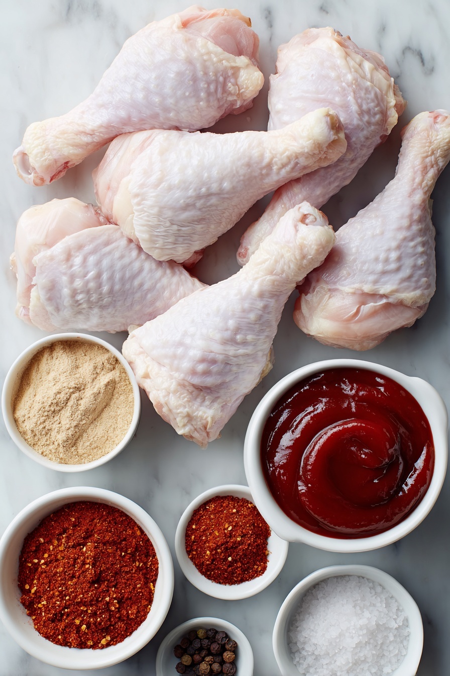Flat lay of raw chicken drumsticks with smooth, pale skin arranged neatly, a small white ceramic bowl of vibrant deep red BBQ sauce, a small white bowl filled with fine orange-red smoked paprika powder, another small bowl containing light brown garlic powder, a small white bowl with pale beige onion powder, a small bowl of rich reddish-brown chili powder, a small bowl holding pale tan ground ginger, a small white bowl with coarse white salt crystals, a small bowl with whole black peppercorns, all placed symmetrically on a clean white marble surface, soft natural light, photo taken with an iPhone, professional food photography style, fresh ingredients, white ceramic bowls, no bottles, no duplicates, no utensils, no packaging --ar 2:3 --v 7 --p m7354615311229779997 - Baked BBQ Chicken Drumsticks, BBQ chicken recipes, easy chicken drumsticks, flavorful baked chicken, smoky BBQ chicken