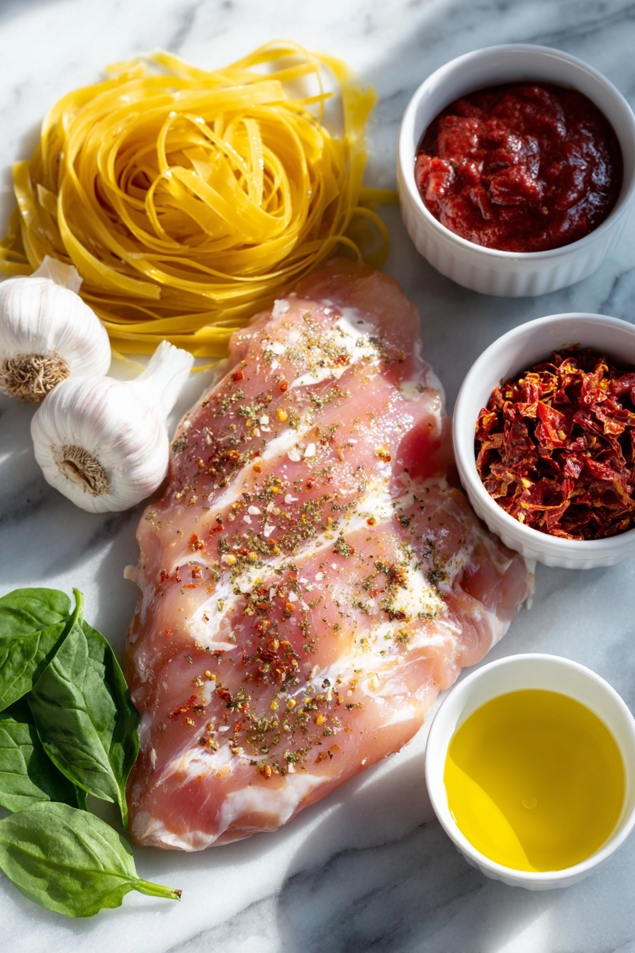 Flat lay of a sliced raw chicken breast lightly dusted with smoked paprika and oregano, three whole uncracked garlic cloves, a small white ceramic bowl with a rich red tomato puree, a small white ceramic bowl of golden sun dried tomato oil, a small white ceramic bowl with smooth butter, a small white ceramic bowl of creamy double/heavy cream, a small white ceramic bowl with clear chicken stock, a mound of uncooked linguine pasta strands neatly arranged, a small pile of finely diced sun dried tomatoes, a small heap of freshly grated parmesan cheese, a small bunch of vibrant fresh basil leaves finely diced, and a handful of fresh baby spinach leaves, all placed on a clean white marble surface, soft natural light, photo taken with an iPhone, professional food photography style, fresh ingredients, white ceramic bowls, no bottles, no duplicates, no utensils, no packaging --ar 2:3 --v 7 --p m7354615311229779997 - Creamy Tuscan Chicken Pasta, Tuscan Chicken Pasta recipe, creamy chicken pasta dinner, easy Tuscan chicken recipe, sun-dried tomato chicken pasta