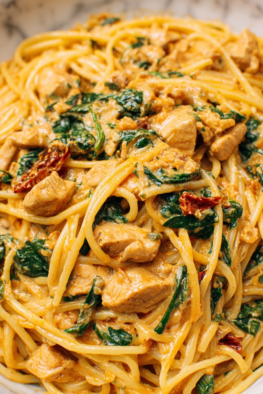 The image shows a close-up of creamy pasta with three main layers. The bottom layer is long, thin spaghetti noodles in a light golden yellow color, twisted and piled together. The middle layer consists of cooked chicken pieces that are light beige with some browning, mixed evenly with the pasta. The top layer is a creamy orange sauce coating everything, with visible small green spinach leaves and tiny pieces of red sun-dried tomatoes scattered throughout, adding bursts of green and red color. The texture looks smooth and slightly thick, covering all the pasta and chicken pieces on a white marbled surface. photo taken with an iphone --ar 2:3 --v 7 - Creamy Tuscan Chicken Pasta, Tuscan Chicken Pasta recipe, creamy chicken pasta dinner, easy Tuscan chicken recipe, sun-dried tomato chicken pasta