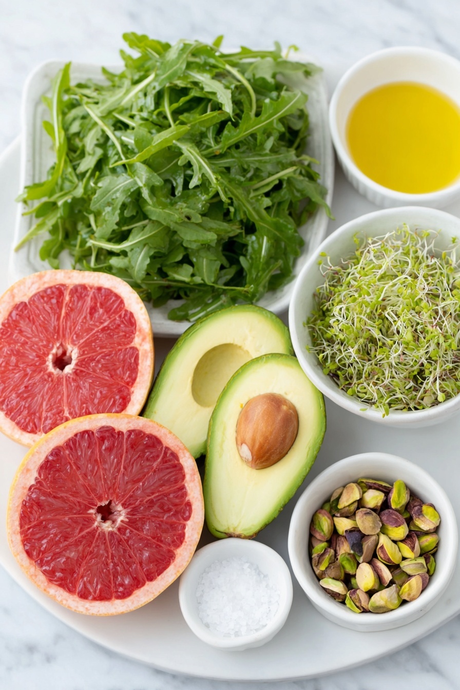 Flat lay of fresh arugula leaves spread out, two ripe but firm avocados sliced lengthwise with smooth green flesh, two ruby red grapefruits peeled and segmented showing juicy bright pink flesh, a small white ceramic bowl filled with roughly chopped pistachio nuts, a small white ceramic bowl of delicate microgreens, a small white ceramic bowl with golden olive oil, a small white ceramic bowl containing coarse sea salt flakes, all ingredients arranged in perfect symmetry on a simple white ceramic plate and bowls, placed on a clean white marble surface, soft natural light, photo taken with an iPhone, professional food photography style, fresh ingredients, white ceramic bowls, no bottles, no duplicates, no utensils, no packaging --ar 2:3 --v 7 --p m7354615311229779997 - Grapefruit and Avocado Salad, healthy citrus avocado salad, easy fresh fruit and vegetable salad, quick summer salad recipes, vibrant salad ideas
