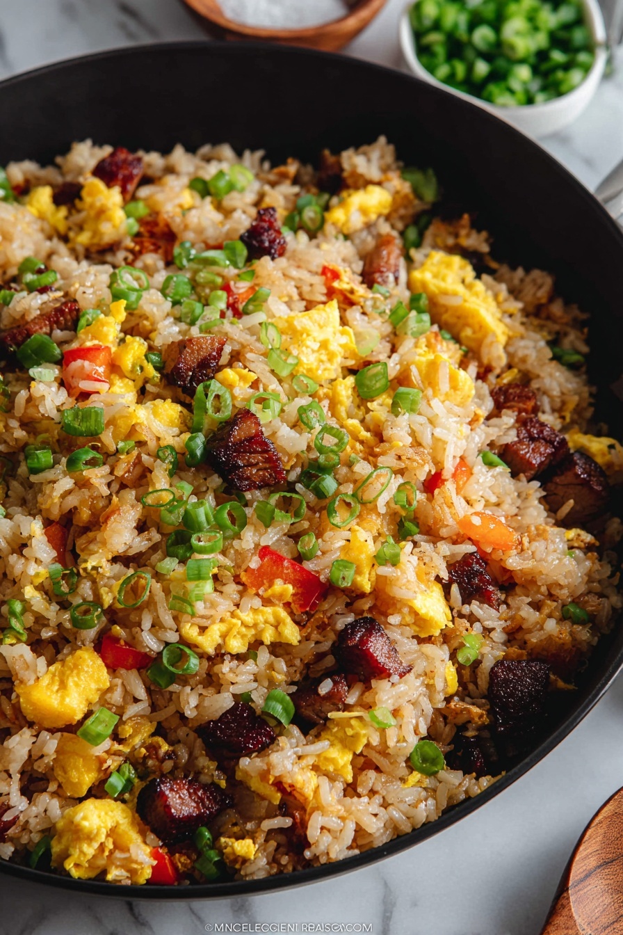 The image shows a close-up of a pan filled with fried rice that has several colorful layers and textures. The base layer is light brown cooked rice mixed with scrambled yellow egg pieces, small cubes of dark brown cooked meat, and bright yellow and red bell pepper chunks. Green onion slices are scattered over the top, adding bright green color spots. The rice looks slightly crisp in some parts, and the dish appears mixed evenly. The pan is black, and around it, the background has a white marbled texture with a small white bowl of more green onions and a small wooden bowl of salt visible. Photo taken with an iphone --ar 2:3 --v 7 - Leftover Ham Pineapple Fried Rice, ham pineapple fried rice recipe, easy ham fried rice, tropical leftover fried rice, quick ham and pineapple stir-fry