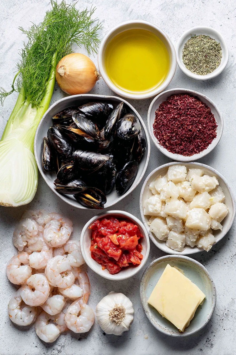 Flat lay of a small white ceramic bowl of golden olive oil, a small white ceramic bowl with a pat of creamy butter, a whole fresh fennel bulb with green fronds, a small whole yellow onion, several whole garlic cloves, tiny piles of dried thyme, paprika, saffron threads, and cayenne pepper arranged separately on the white ceramic surface, a small white ceramic bowl filled with clear dry white wine, a small white ceramic bowl of clam juice, a small white ceramic bowl of bright red diced tomatoes with juices, two fresh green bay leaves, fresh raw halibut fillets cut into chunks, a cluster of shiny black mussels, plump raw sea scallops, peeled and deveined raw shrimp with tails, small bunches of fresh basil and fresh parsley leaves, all ingredients spaced symmetrically and balanced in proportion, placed on a clean white marble surface, soft natural light, photo taken with an iPhone, professional food photography style, fresh ingredients, white ceramic bowls, no bottles, no duplicates, no utensils, no packaging --ar 2:3 --v 7 --p m7354615311229779997 - Seafood Bouillabaisse Outer, seafood bouillabaisse, French seafood stew, Mediterranean seafood recipe, fish stew