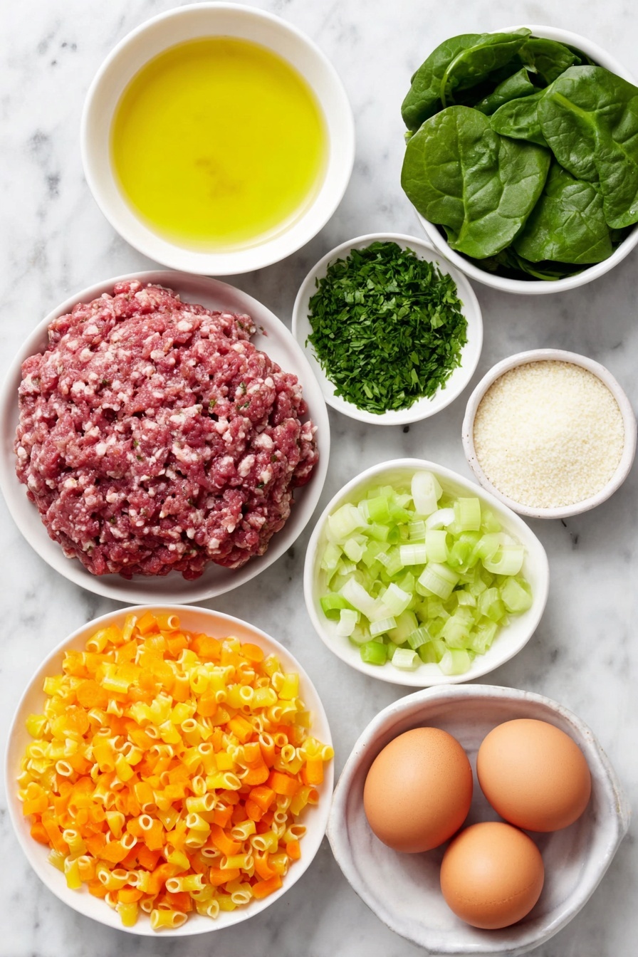 Flat lay of a small white ceramic bowl of golden olive oil, a small white ceramic bowl of finely grated Parmesan cheese, fresh bright green parsley sprigs finely chopped on a white ceramic plate, three whole brown eggs with clean shells, a small white ceramic bowl of Italian seasoned breadcrumbs, two halves of uncooked ground meat—one reddish ground beef and one slightly lighter ground pork—neatly portioned on a white ceramic plate, three fresh peeled garlic cloves, a diced yellow onion on a white ceramic plate, diced fresh orange carrots arranged neatly on a white ceramic plate, two celery ribs diced and placed on a white ceramic plate, a small white ceramic bowl of dried Italian seasoning herbs, a small white ceramic bowl filled with uncooked acini di pepe pasta, a small white ceramic bowl of fresh vibrant green spinach leaves, all ingredients spread in perfect symmetry and balanced proportions, placed on a clean white marble surface, soft natural light, photo taken with an iPhone, professional food photography style, fresh ingredients, white ceramic bowls, no bottles, no duplicates, no utensils, no packaging --ar 2:3 --v 7 --p m7354615311229779997 - Italian Wedding Soup with Meatballs and Spinach, hearty Italian wedding soup, easy Italian meatball soup, homemade Italian wedding soup, comforting spinach soup