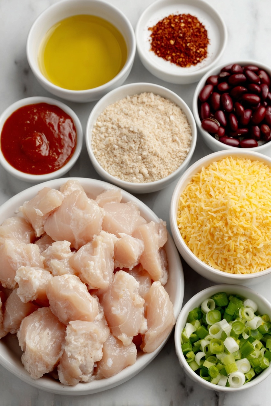 Flat lay of diced raw boneless skinless chicken breasts, a small drizzle of olive oil in a white ceramic bowl, a small white bowl of diced red onion, a small white bowl with paprika powder, a small white bowl with cumin powder, a small white bowl of kosher salt, a small white bowl of rinsed black beans, a small white bowl of bright orange buffalo sauce, a small white bowl of cooked brown rice, a small white bowl of shredded cheddar cheese, and a few fresh green scallions with white ceramic bowls, all arranged with perfect symmetry and balanced proportions, placed on a clean white marble surface, soft natural light, photo taken with an iPhone, professional food photography style, fresh ingredients, white ceramic bowls, no bottles, no duplicates, no utensils, no packaging --ar 2:3 --v 7 --p m7354615311229779997 - Buffalo Chicken Rice Bowls, Buffalo Chicken Bowls, Spicy Chicken Rice Bowls, Healthy Buffalo Chicken Bowl, Easy Dinner Recipes