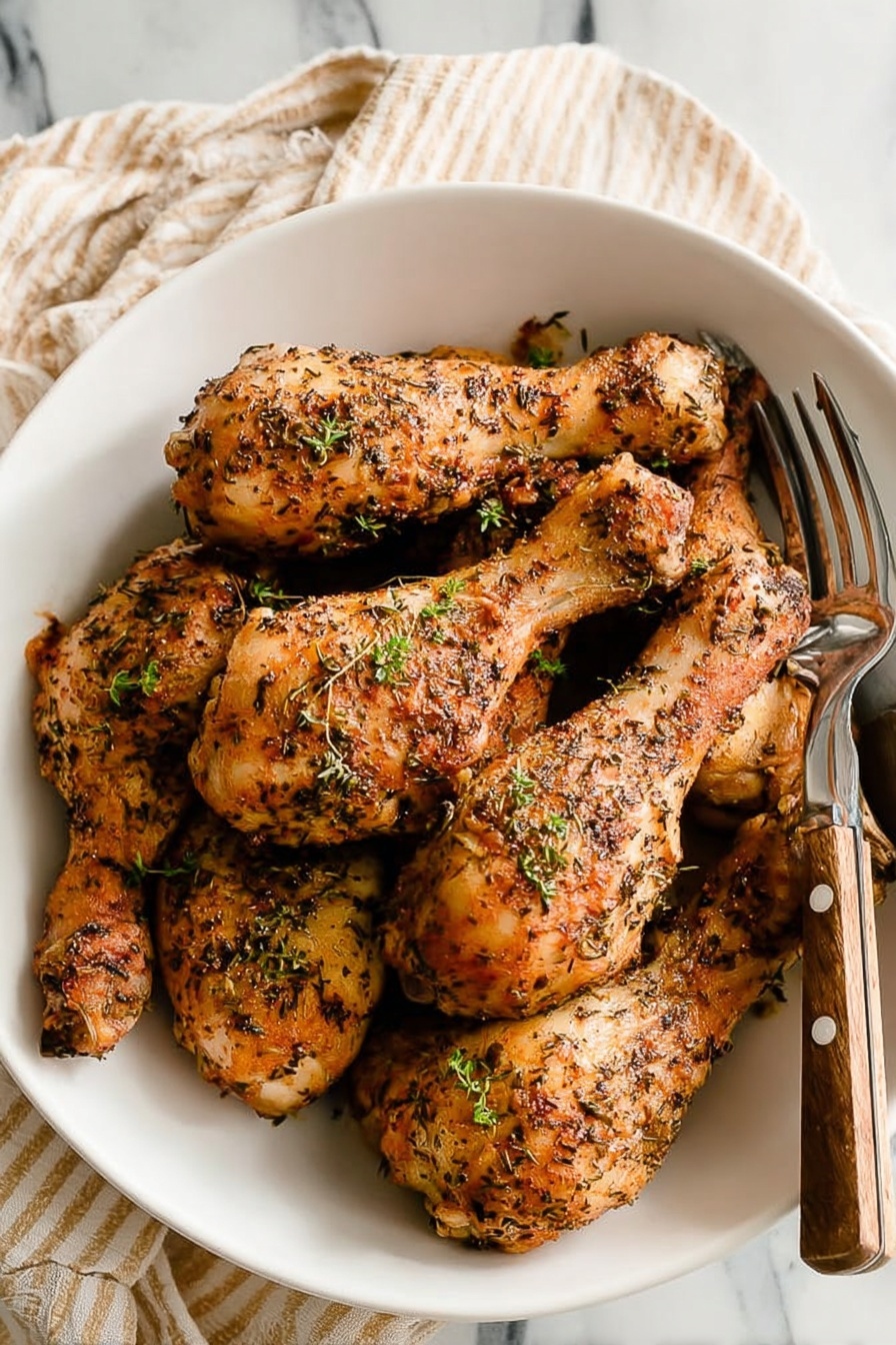 A white bowl filled with several golden-brown chicken drumsticks, each covered with dry herbs and small green garnish pieces. The drumsticks have a slightly crispy texture with visible seasoning scattered all over. A fork and knife with wooden handles rest inside the bowl on the right side. The bowl sits on a white marbled surface with a beige-striped cloth partially shown on the left side. photo taken with an iphone --ar 2:3 --v 7 - Crispy Baked Chicken Legs, baked chicken legs crispy, crispy oven-baked chicken thighs, juicy baked chicken drumsticks, healthy crispy chicken dish