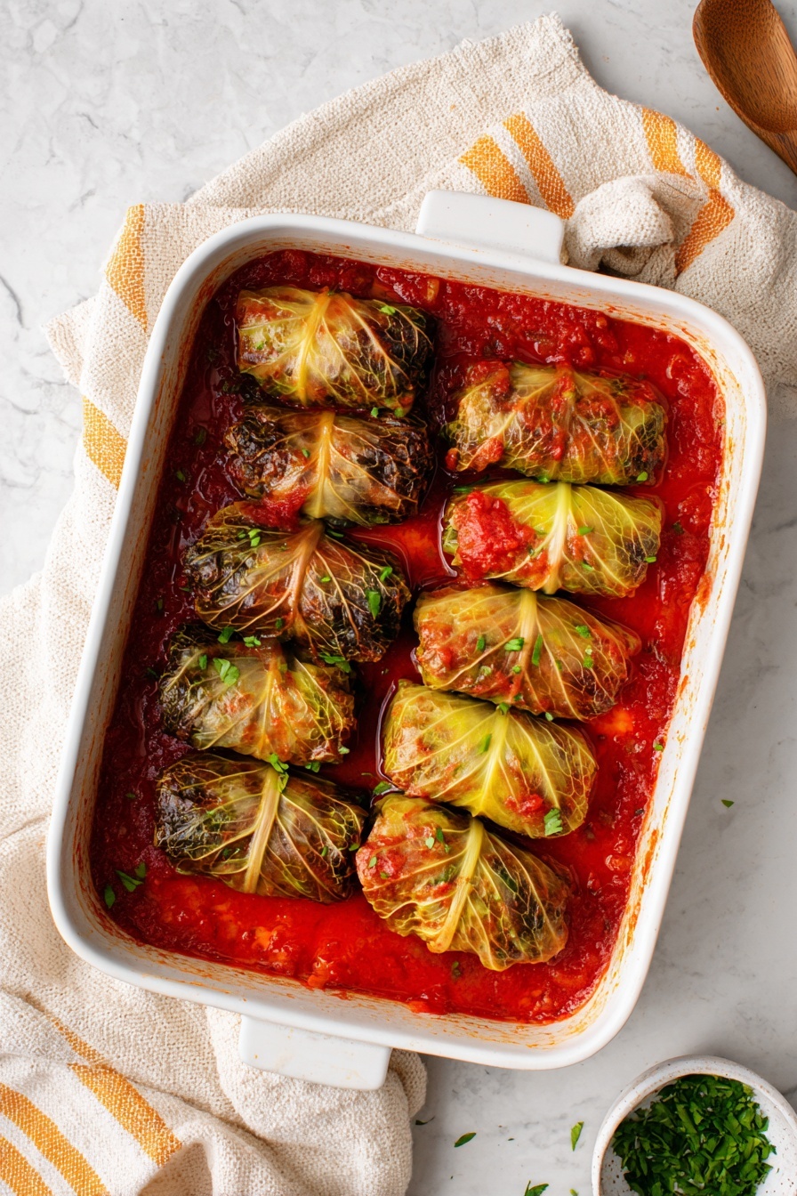 Three stuffed cabbage rolls are placed closely together on a white plate. Each roll is wrapped in cooked cabbage leaves that have a golden brown and slightly charred texture with some red tomato sauce spread unevenly on top. Small green herb bits are sprinkled over the rolls. A few drops of tomato sauce are visible on the plate under and around the rolls. The plate sits on a white marbled surface, with part of a fork on the right and a white dish with more rolls blurred in the background. photo taken with an iphone --ar 2:3 --v 7 - Easy Baked Cabbage Rolls with Beef and Rice, baked cabbage roll recipe, beef and rice cabbage rolls, hearty stuffed cabbage, simple cabbage roll dish