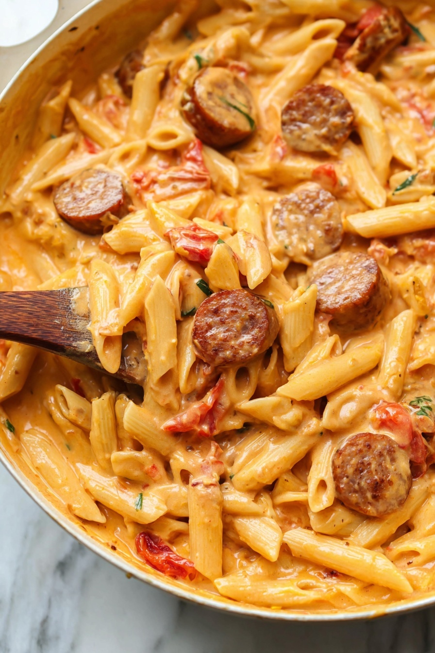 The image shows a close-up of a creamy pasta dish in a white pan on a white marbled surface. The dish has three main layers: a base layer of short, tube-shaped penne pasta in a pale yellow color, mixed evenly with slices of browned sausage pieces that are round with a slightly crispy texture on the edges, and small chunks of red tomatoes scattered throughout. The top layer is a thick, orange-colored creamy sauce that coats the pasta, sausage, and tomatoes fully, creating a rich and smooth texture. A wooden spoon is partially visible in the pan, lifting some pasta and sausage, with a woman's hand holding the spoon carefully. photo taken with an iphone --ar 2:3 --v 7 - Cheesy Kielbasa Pasta, kielbasa pasta recipes, easy sausage pasta, creamy kielbasa dish, quick weeknight dinner ideas