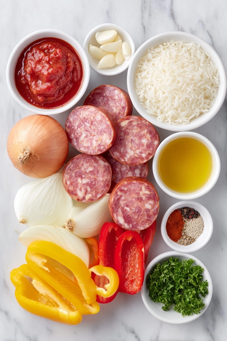 Flat lay of uncooked white rice in a small white ceramic bowl, a few slices of bright red bell pepper, several slices of vibrant yellow bell pepper, a small white onion quartered and sliced, four peeled garlic cloves, a small white bowl filled with deep red tomato paste, a small white bowl with golden olive oil, a few thick slices of smoky brown sausage, a small white bowl containing light golden chicken broth, a small white bowl with ground black pepper, a small white bowl with kosher sea salt, a small white bowl with paprika powder, a small white bowl with cayenne pepper, and a small bunch of fresh green chopped parsley—all arranged symmetrically and balanced—placed on a clean white marble surface, soft natural light, photo taken with an iPhone, professional food photography style, fresh ingredients, white ceramic bowls, no bottles, no duplicates, no utensils, no packaging --ar 2:3 --v 7 --p m7354615311229779997 - Sausage and Rice Skillet, hearty one-pan meals, quick dinner recipes, easy weeknight meals, flavorful sausage dishes