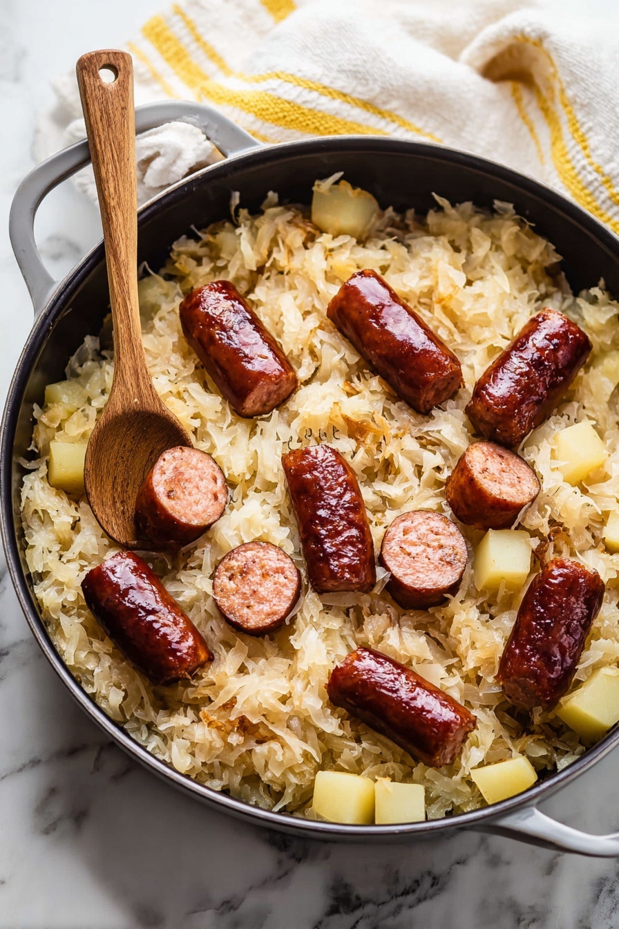 A black pan filled with cooked light yellow sauerkraut mixed with small cubes of pale yellow potatoes forms the base layer. On top, there are eight thick pieces of rich reddish-brown sausage scattered evenly, some showing darker browned edges and one piece sliced to reveal a dense, moist texture inside. A wooden spoon with a smooth, light brown handle and dark bowl rests on the left side of the pan, partially submerged in the sauerkraut. The pan sits on a white marbled surface with a white and yellow striped cloth nearby. Photo taken with an iphone --ar 2:3 --v 7 - Kielbasa and Sauerkraut Skillet, kielbasa skillet recipe, easy sauerkraut dinner, quick comfort food recipes, hearty sausage skillet