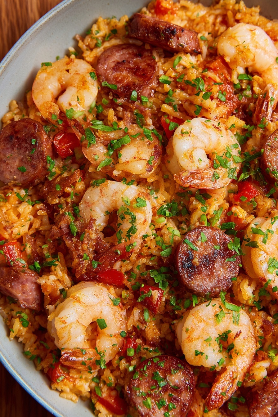 The dish has many layers mixed together, with orange-colored rice as the base layer, soft and slightly oily with small pieces of green herbs sprinkled on top. Scattered above the rice are light pink shrimp with a smooth texture and slightly curled tails, along with browned sausage slices that have a firm, slightly crispy surface and dark edges. There are also small pieces of red diced vegetables mixed throughout, adding touches of color. The entire mix is vibrant with shades of orange, red, green, and light pink, creating a rich, hearty look. Photo taken with an iphone --ar 2:3 --v 7 - Easy Shrimp and Sausage Jambalaya, Shrimp and Sausage Jambalaya, Best Jambalaya Recipe, One-Pot Jambalaya, Spicy Shrimp and Sausage Dish