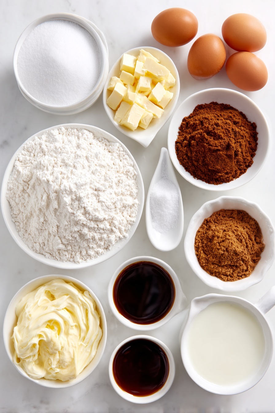 Flat lay of a small mound of all-purpose flour, two small white ceramic bowls—one with granulated sugar and one with brown sugar, a small white bowl holding baking soda, another with baking powder, a pinch of salt on a white spoon-shaped white ceramic dish, a heap of ground ginger, ground cinnamon, and ground cloves each in separate small white bowls, a small white bowl with melted unsalted butter, a white bowl filled with whole milk, two whole uncracked brown eggs, a small white bowl of dark glossy molasses, a few thin curls of freshly grated ginger root, and a small white bowl with clear vanilla extract placed on a clean white marble surface, soft natural light, photo taken with an iPhone, professional food photography style, fresh ingredients, white ceramic bowls, no bottles, no duplicates, no utensils, no packaging --ar 2:3 --v 7 --p m7354615311229779997 - Gingerbread Waffles, gingerbread waffles recipe, festive waffle ideas, cozy breakfast waffles, spiced waffle recipes