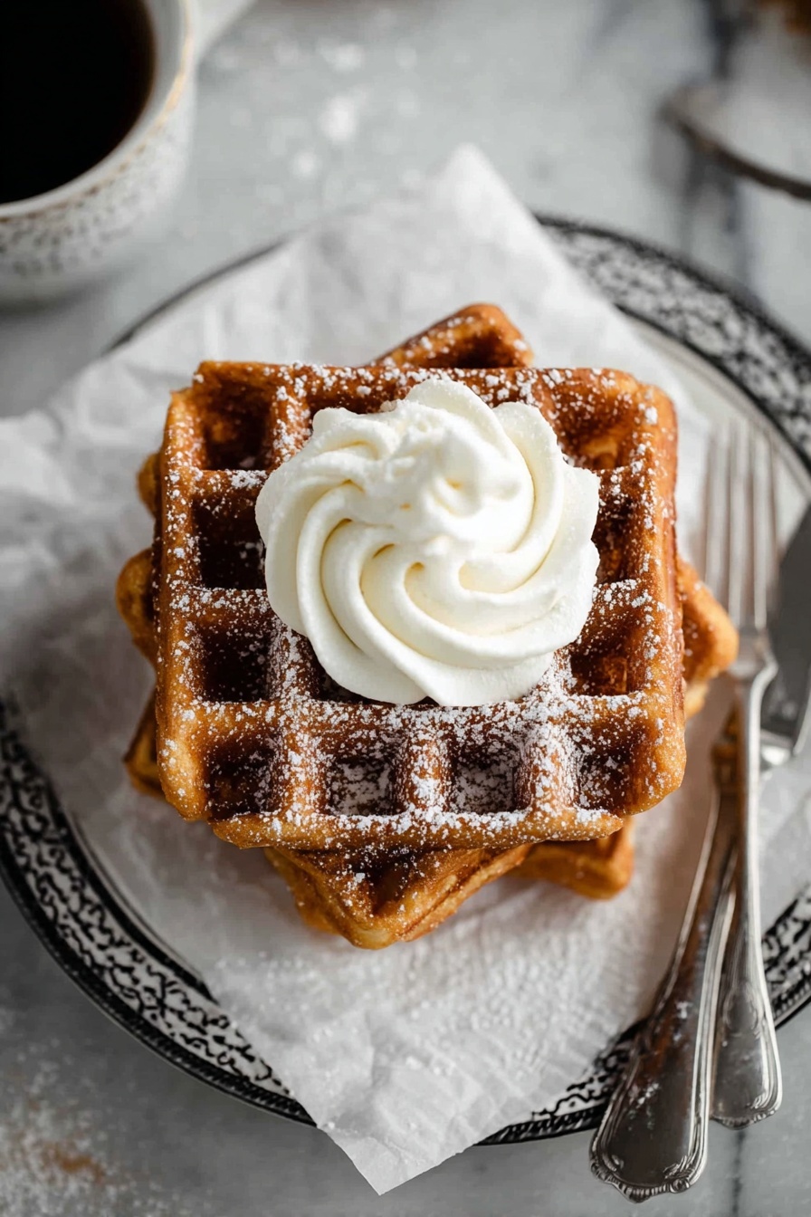 A stack of five golden-brown waffles sits on a white marbled surface, placed on white parchment paper atop a rustic round metal tray. On top of the waffles is a dollop of white whipped cream, with dark maple syrup being poured from a white small pitcher held by a woman's hand, flowing down over the whipped cream and waffles. Light powdered sugar is dusted lightly over the stack. To the right, a white coffee cup filled with black coffee rests on a matching saucer. A small metal sieve with powdered sugar sits nearby on the white marbled surface. The scene has soft, natural lighting and a simple, clean background. photo taken with an iphone --ar 2:3 --v 7 - Gingerbread Waffles, gingerbread waffles recipe, festive waffle ideas, cozy breakfast waffles, spiced waffle recipes