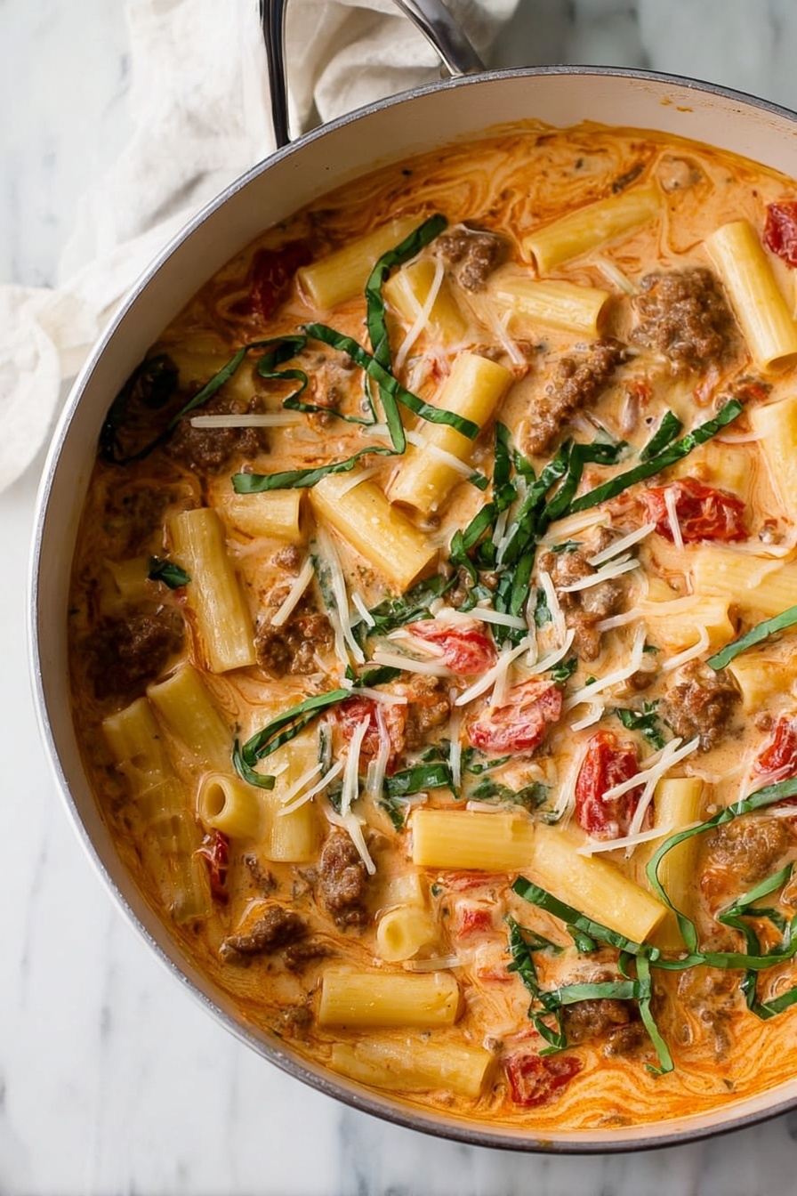The image shows a creamy soup served in a white bowl with handles, placed on a white marbled surface. The soup has a light orange color with pieces of sausage visible near the center, topped with thin yellow pasta strips and thin green basil leaves. There are small red bits scattered on the surface of the soup, adding detail and texture. In the background, a large white pot and two more bowls of the same soup are slightly out of focus, giving depth to the image. Photo taken with an iphone --ar 2:3 --v 7 - Italian Sausage Soup with Pasta, hearty Italian sausage soup, easy sausage pasta soup recipe, comforting Italian sausage soup, quick weeknight sausage soup