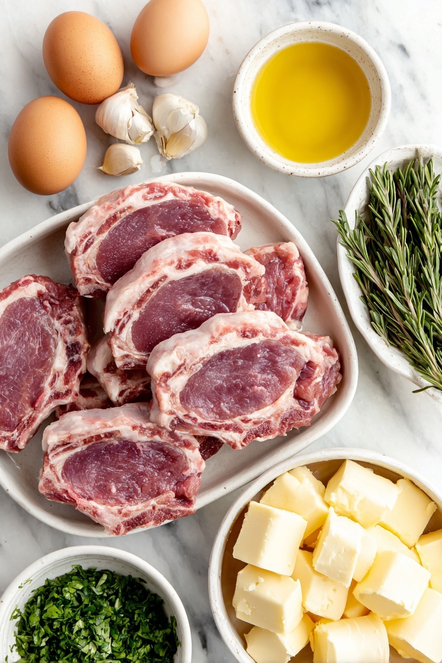 Flat lay of thick raw lamb chops, whole uncracked brown eggs, three peeled garlic cloves, a small bunch of fresh green parsley sprigs, a small bunch of fresh rosemary sprigs, two small white ceramic bowls with golden olive oil, one small white ceramic bowl with pale yellow butter chunks, coarse salt crystals and whole black peppercorns arranged neatly on a simple white ceramic plate, all placed on a clean white marble surface, soft natural light, photo taken with an iPhone, professional food photography style, fresh ingredients, white ceramic bowls, no bottles, no duplicates, no utensils, no packaging --ar 2:3 --v 7 --p m7354615311229779997 - Garlic Herb Lamb Chops Marinade, lamb chops marinade, easy lamb marinade, juicy lamb chops recipe, herb-infused lamb chops