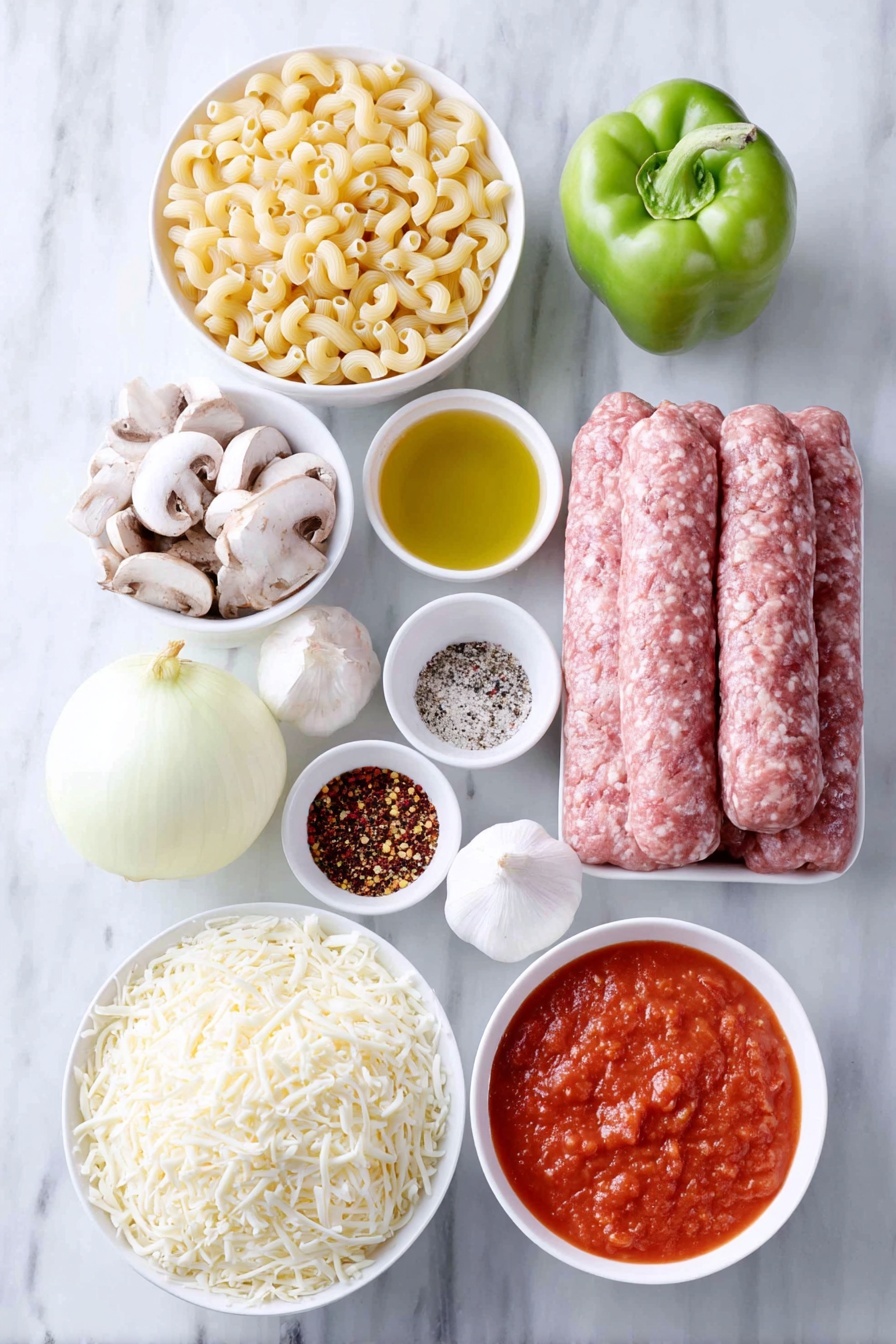 Flat lay of a small pile of uncooked elbow macaroni, a small white ceramic bowl of golden olive oil, one whole white onion with smooth skin, a whole green bell pepper with glossy skin, half a pound of fresh Italian sausage links, half a pound of raw ground beef formed into a compact mound, a cluster of fresh crimini mushrooms sliced to show their creamy brown caps and white stems, three whole garlic cloves with papery white skins, a small white ceramic bowl filled with mixed dried Italian seasoning herbs, a small white ceramic bowl of coarse sea salt crystals, a small white ceramic bowl of whole black peppercorns, a small white ceramic bowl of bright red chili flakes, a small white ceramic bowl filled with rich red tomato sauce, a small white ceramic bowl of diced fresh tomatoes with seeds and juice visible, a small white ceramic bowl heaped with shredded mozzarella cheese in soft white strands, and another small white ceramic bowl heaped with shredded sharp cheddar cheese in vibrant orange strands, all arranged with perfect symmetry and realistic proportions in natural soft light placed on a clean white marble surface, soft natural light, photo taken with an iPhone, professional food photography style, fresh ingredients, white ceramic bowls, no bottles, no duplicates, no utensils, no packaging --ar 2:3 --v 7 --p m7354615311229779997 - Johnny Marzetti Casserole with Italian Sausage, hearty Italian sausage casserole, cheesy baked pasta, comfort food casserole, easy weeknight dinner