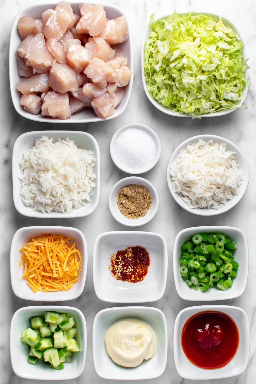 Flat lay of bite-sized pieces of raw boneless skinless chicken breasts, a small white bowl of fine cornstarch, a small white bowl of coarse salt, a small white bowl of ground black pepper, a small white bowl of garlic powder, a small white bowl of paprika, a small white bowl of vegetable oil, a mound of fluffy cooked jasmine rice, a small pile of shredded green lettuce, a small pile of diced fresh cucumber, a small pile of shredded orange carrots, a small pile of chopped green onions, a small white bowl of creamy mayonnaise, a small white bowl of bright red sweet chili sauce, a small white bowl of vivid red sriracha sauce, scattered light sesame seeds, all arranged symmetrically in simple white ceramic bowls and plates, placed on a clean white marble surface, soft natural light, photo taken with an iPhone, professional food photography style, fresh ingredients, white ceramic bowls, no bottles, no duplicates, no utensils, no packaging --ar 2:3 --v 7 --p m7354615311229779997 - Bang Bang Chicken Bowl, spicy mayo recipe, crispy chicken bowl, quick Asian chicken dish, easy weeknight dinner